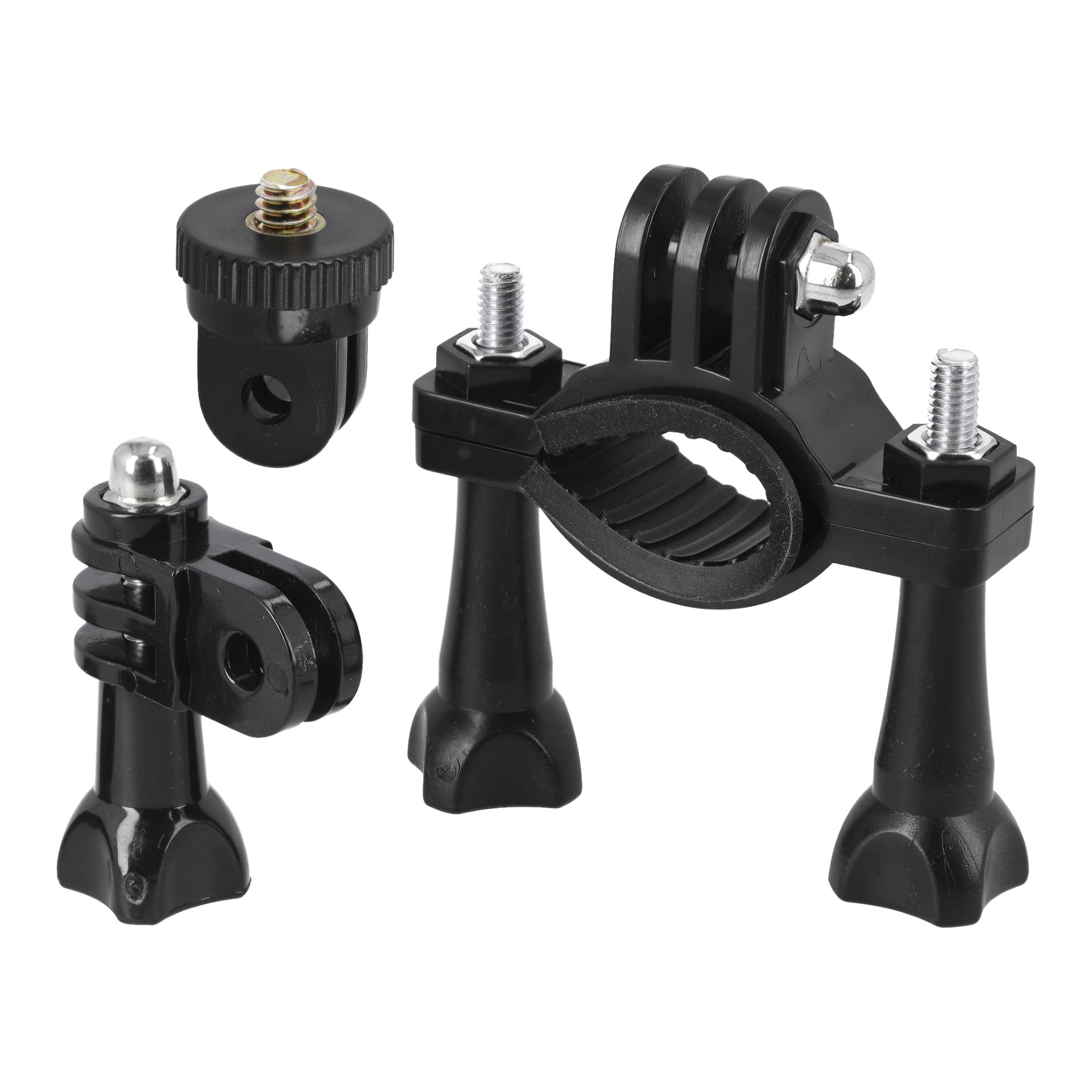 Tre svarte plast Bright Action-kameratilbehør inkluderer en klemmefeste med to skruebolter og et gummigrep, en rund stativadapter med gjengeskrue, og en flat adapter med sirkulær kontakt og metallpinne.