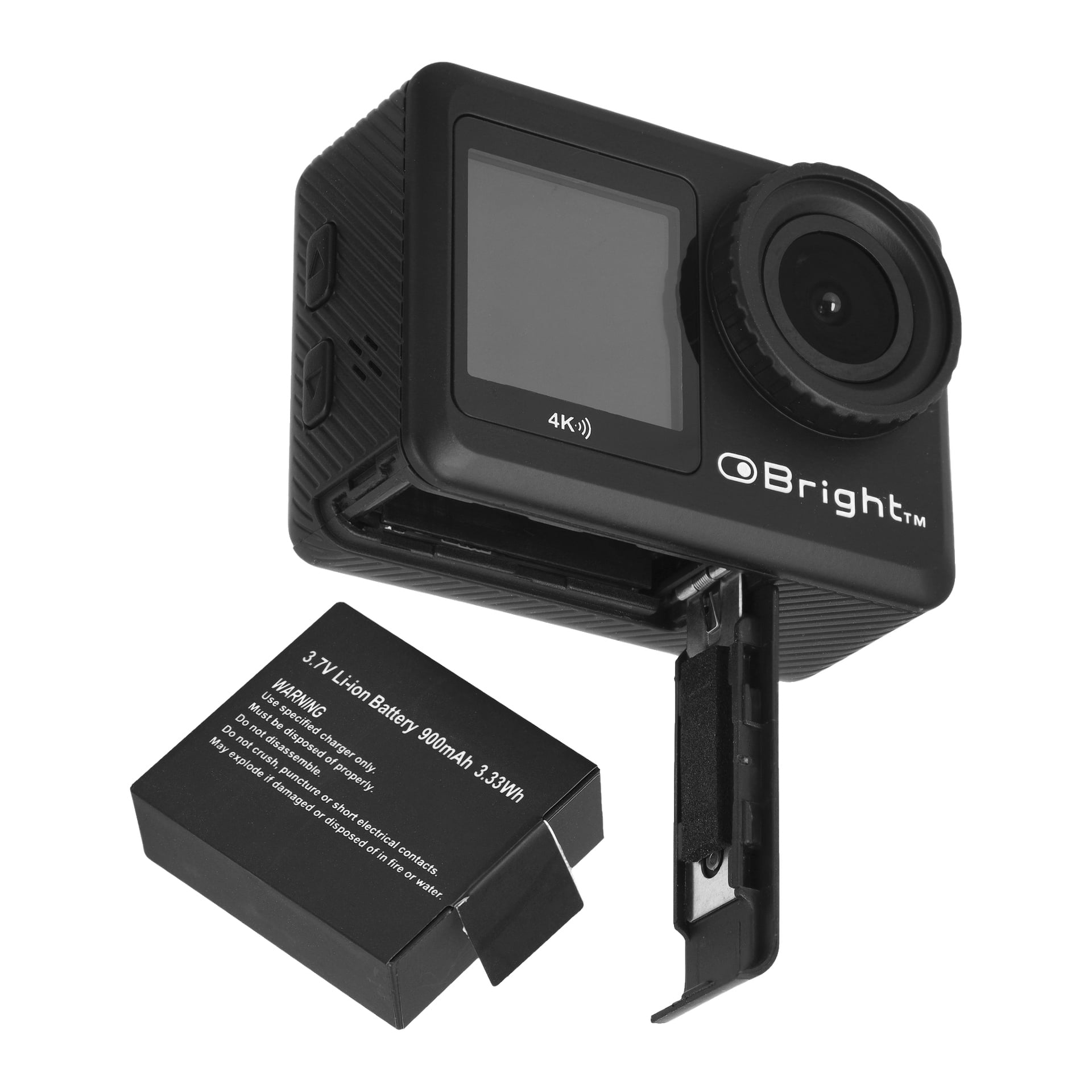 Et svart Bright Action-kamera står med batterirommet åpent, og viser et separat 3,7V Li-ion-batteri ved siden av. Kameraets frontdisplay og objektiv er synlige.