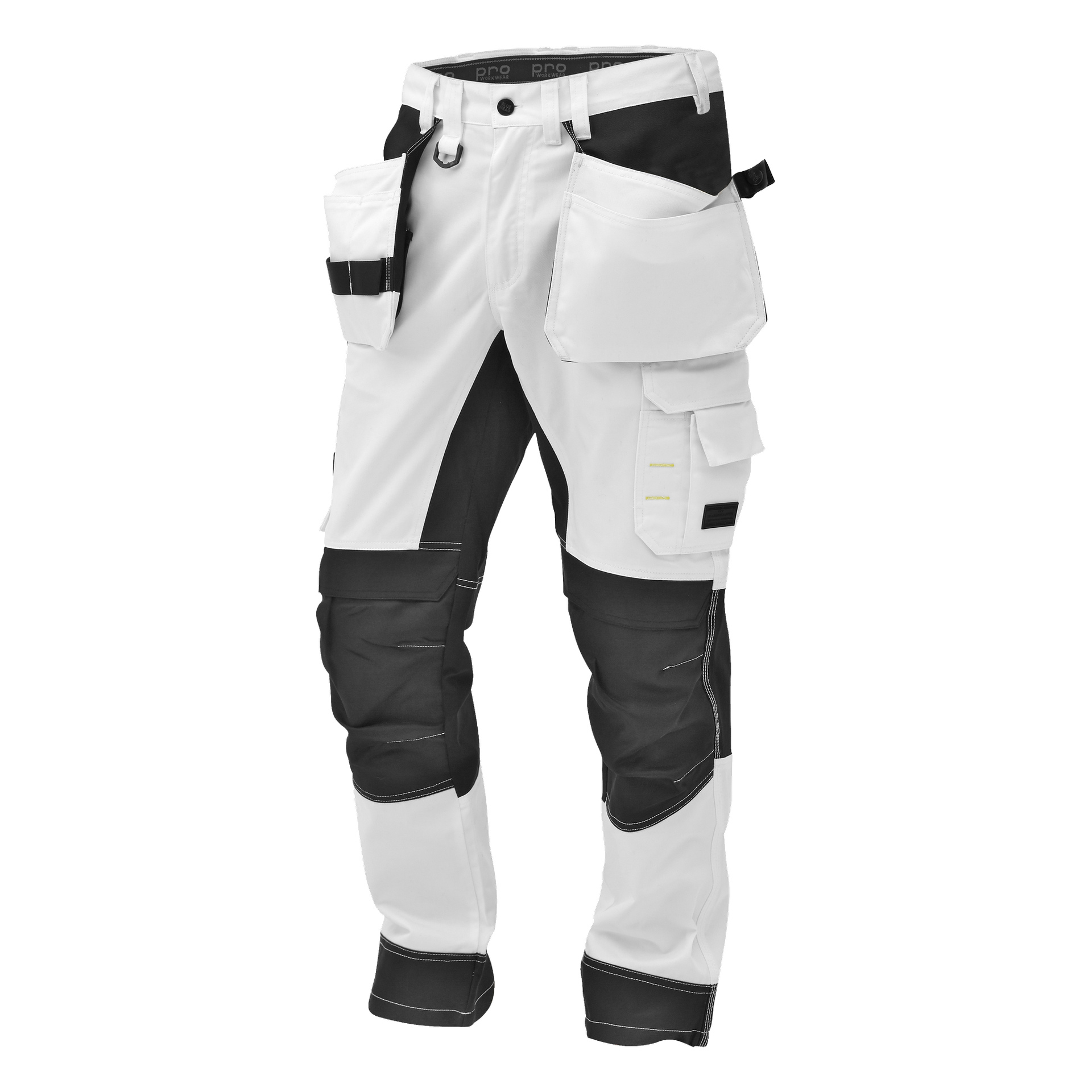 Białe i czarne męskie spodnie robocze Bluewear Rex z wzmocnionymi kolanami, kilkoma kieszeniami i szluflami narzędziowymi, pokazane stojące, bez noszenia przez nikogo.