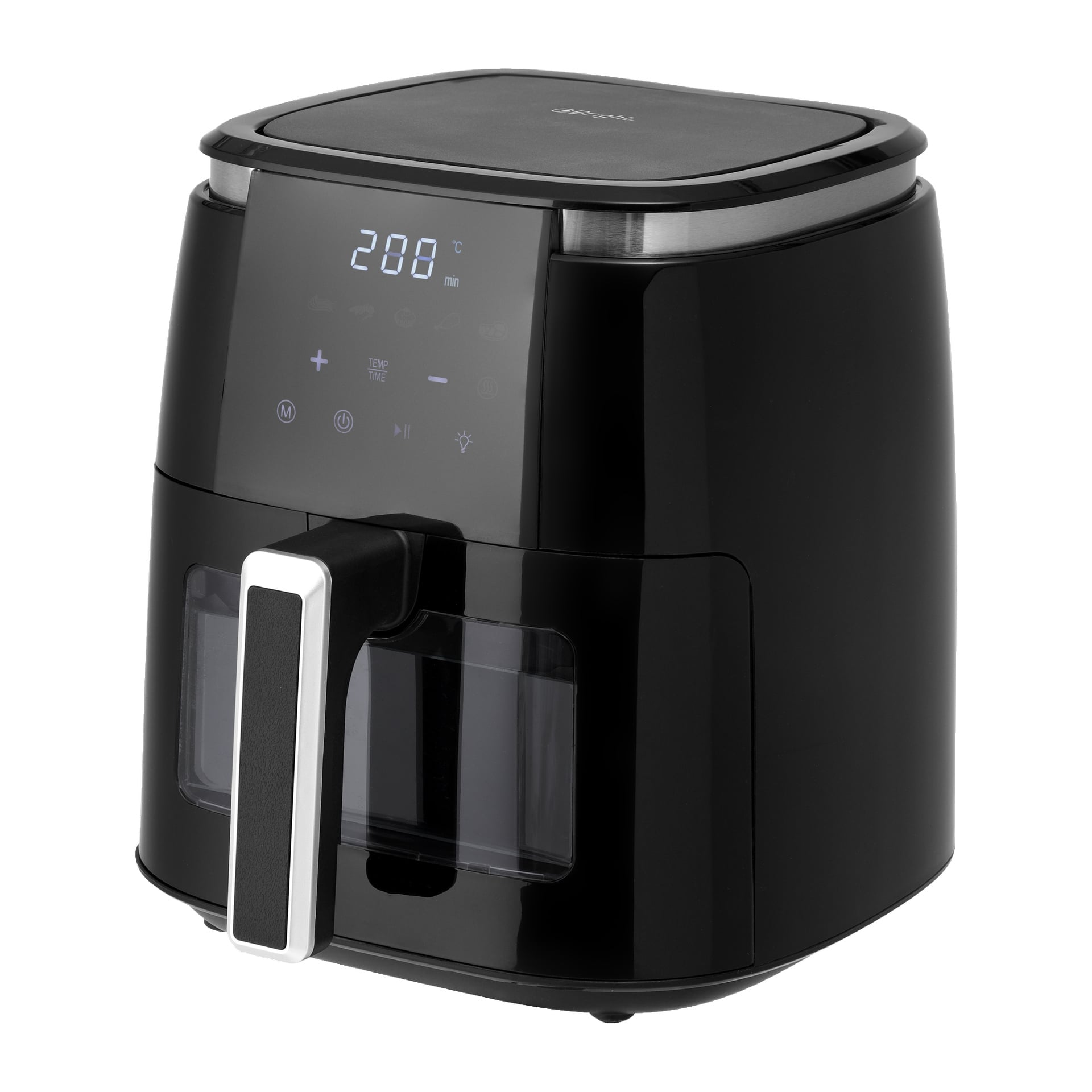 Bright Air fryer har en stilren svart kropp med silverdetaljer, ett frontmonterat handtag och en LED-skärm som visar 200°C.  Kontrollpanelen använder pekknappar för enkel användning.