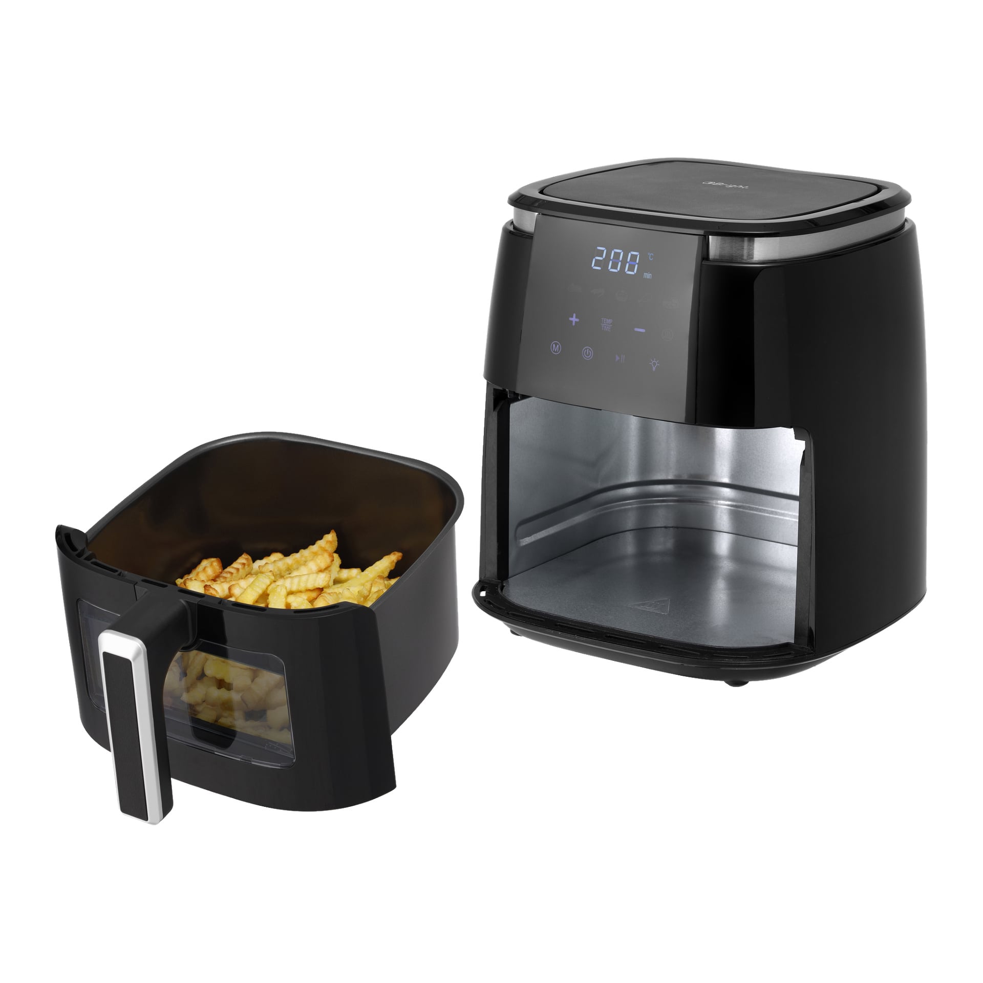 En svart Bright airfryer med digital display syns med sin korg utdragen och placerad bredvid, fylld med tillagade krusselskurna pommes. Den öppna airfryer-dörren visar det tomma insidan.