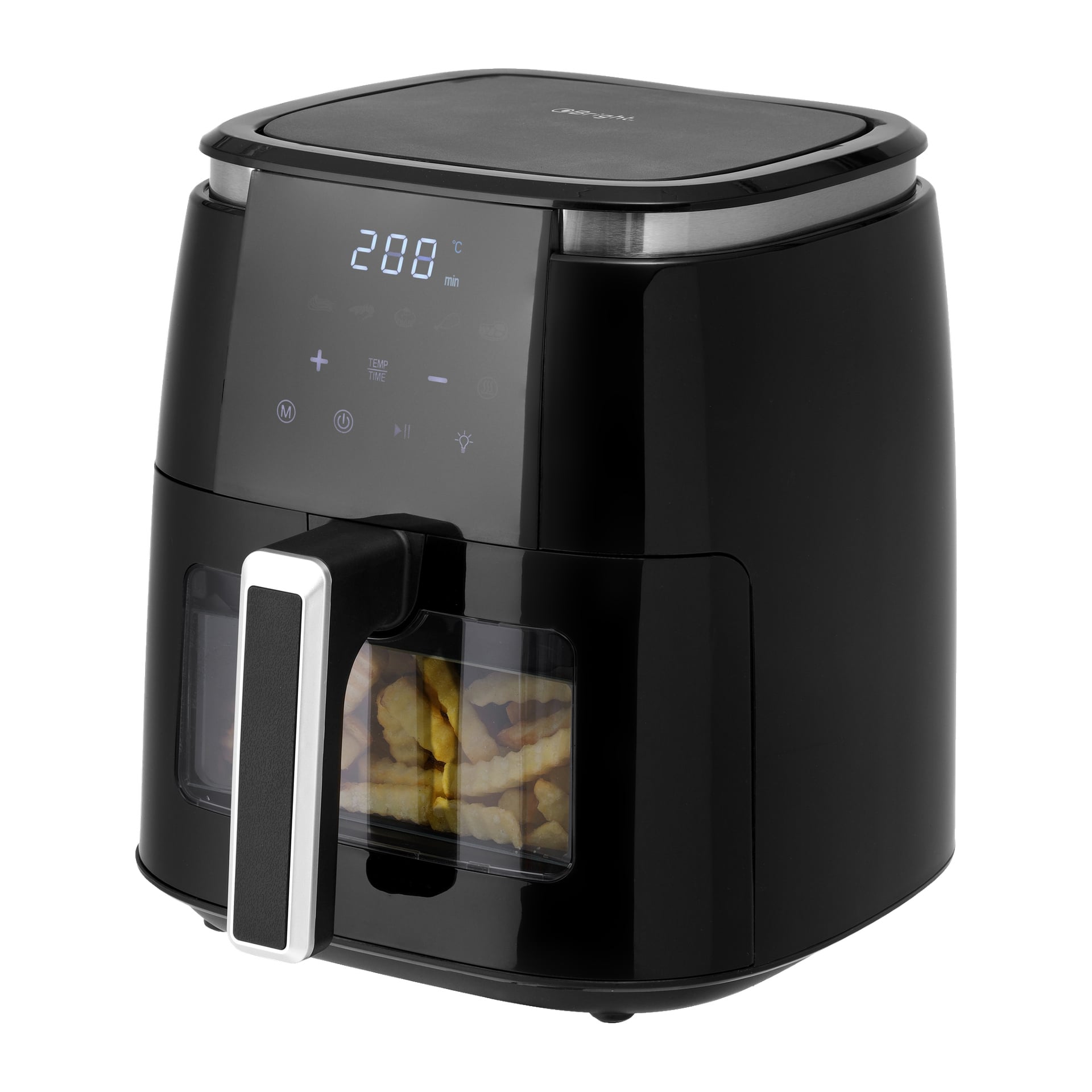 En elegant svart Bright Airfryer med digital display som visar 200°C, utrustad med ett fönster fram som visar skrynkliga pommes frites i korgen. Den har ett handtag och pekkänsliga kontroller på frontpanelen.