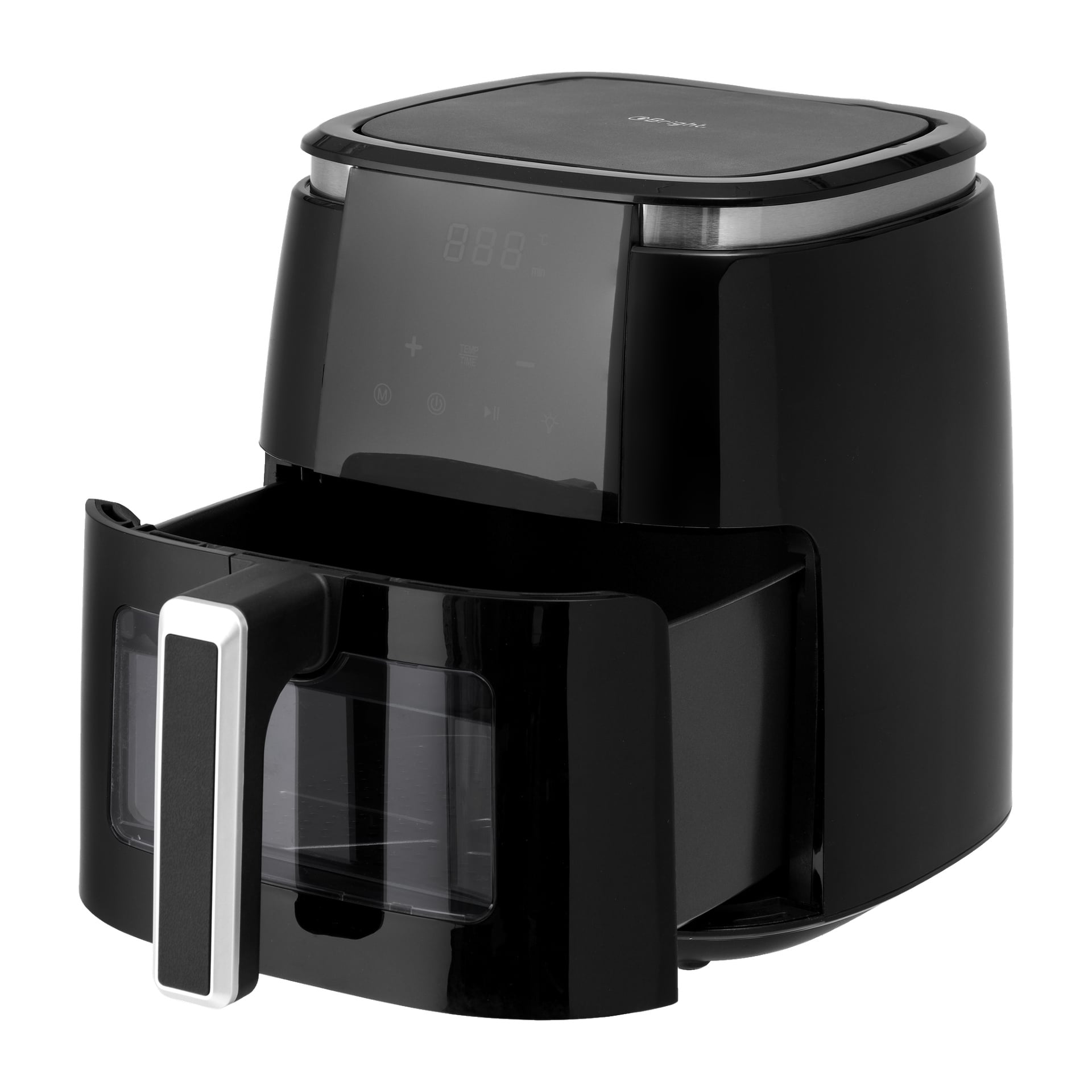 En blank svart Bright-airfryer visas med lådakorgen utfälld. Frontpanelen visar en digital skärm och pekskärmskontroller, och handtaget är rektangulärt och silverfärgat.