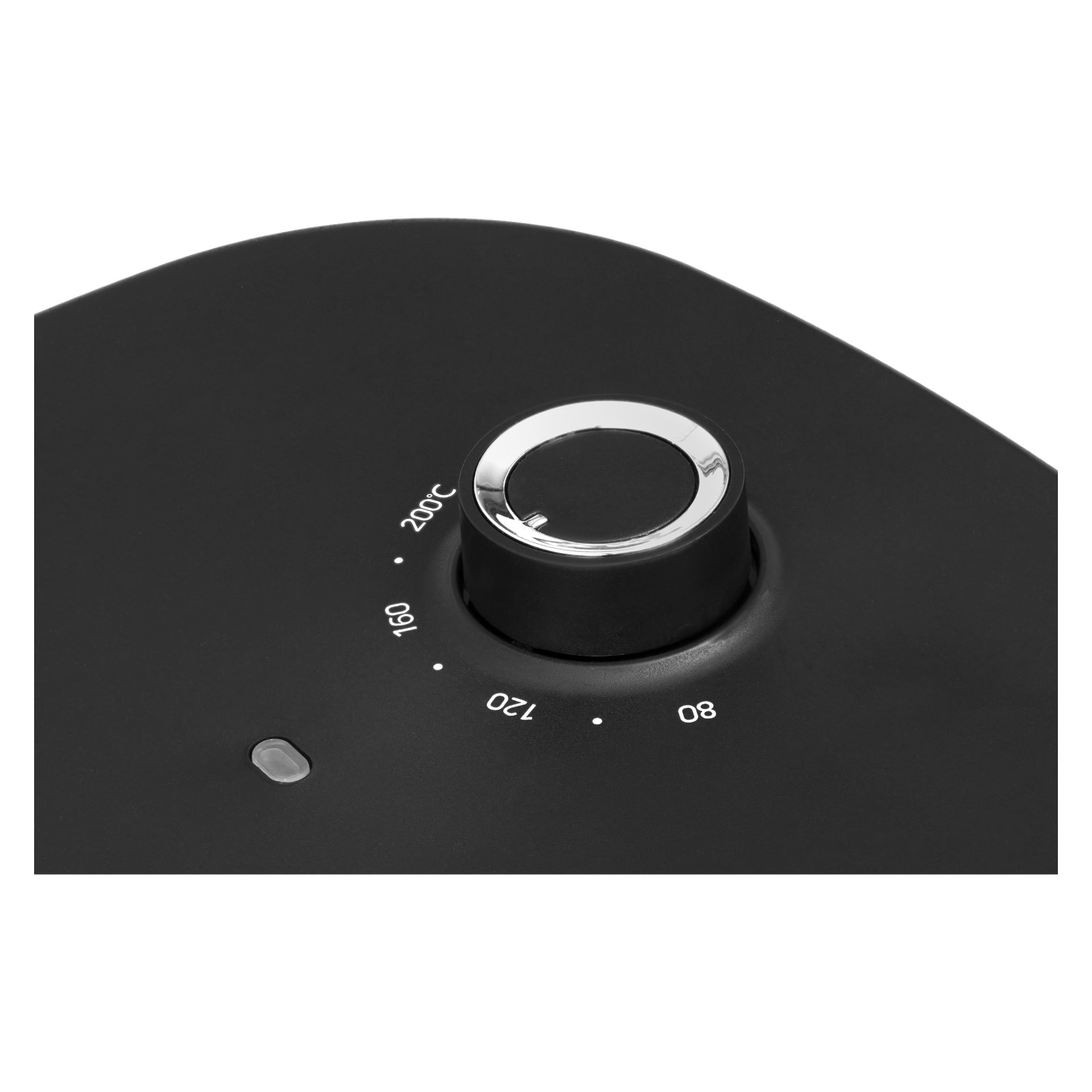 Närbild på en svart temperaturkontrollratt på Bright Air Fryer, för närvarande inställd på 200°C.  Apparaten visar temperaturalternativ för 80, 120, 160 och 200°C.  En liten indikatorlampa visas bredvid ratten.