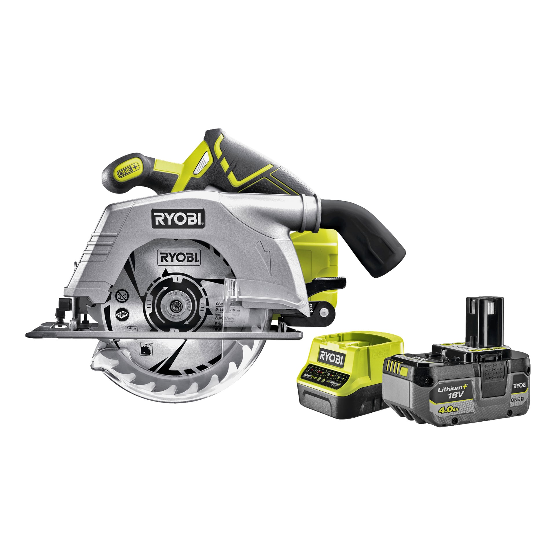 Die Ryobi One+ Kreissäge R18CS-140G wird mit ihrer silbernen Klinge, dem schwarz-grünen Griff, der 18V-Lithiumbatterie und dem mitgelieferten Batterieladegerät gezeigt.