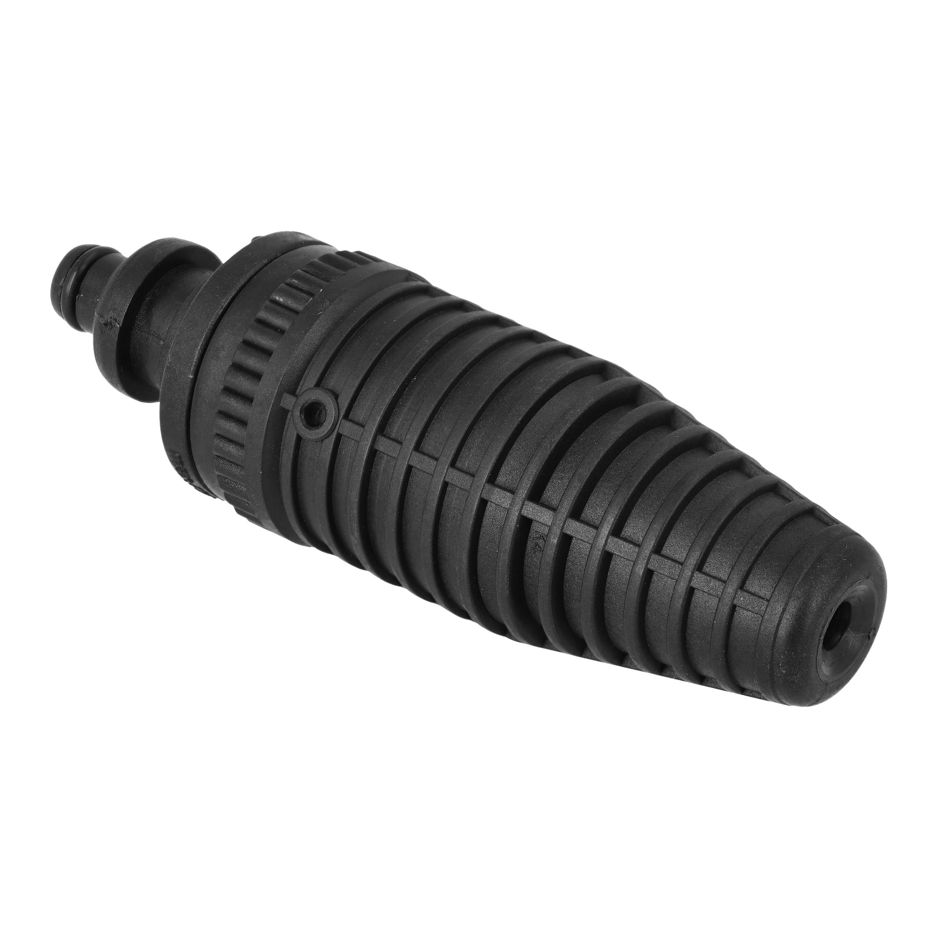 Nozzle högtryckstvätt är en svart plastanordning med en ribbad, cylindrisk kropp och kontaktände.