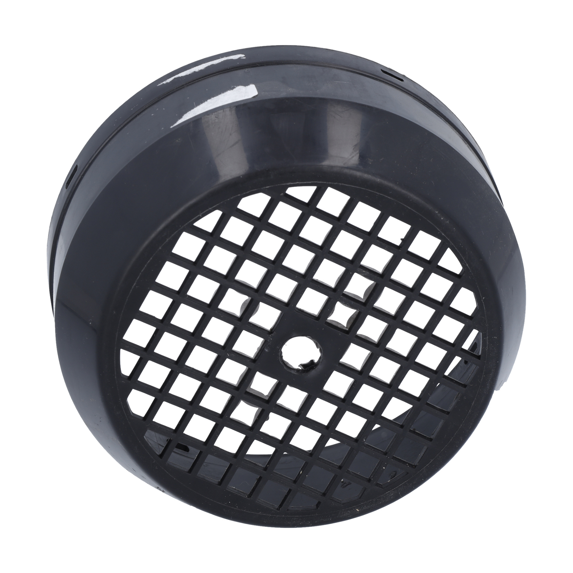 Svart plastfläktlock med rutnätsdesign och centralt hål.