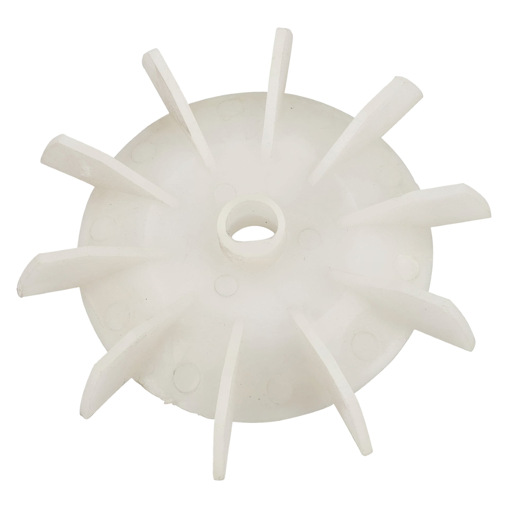 En vit plastmotorkylfläkt med ett centralt hål och flera jämnt fördelade böjda blad arrangerade i en cirkel.