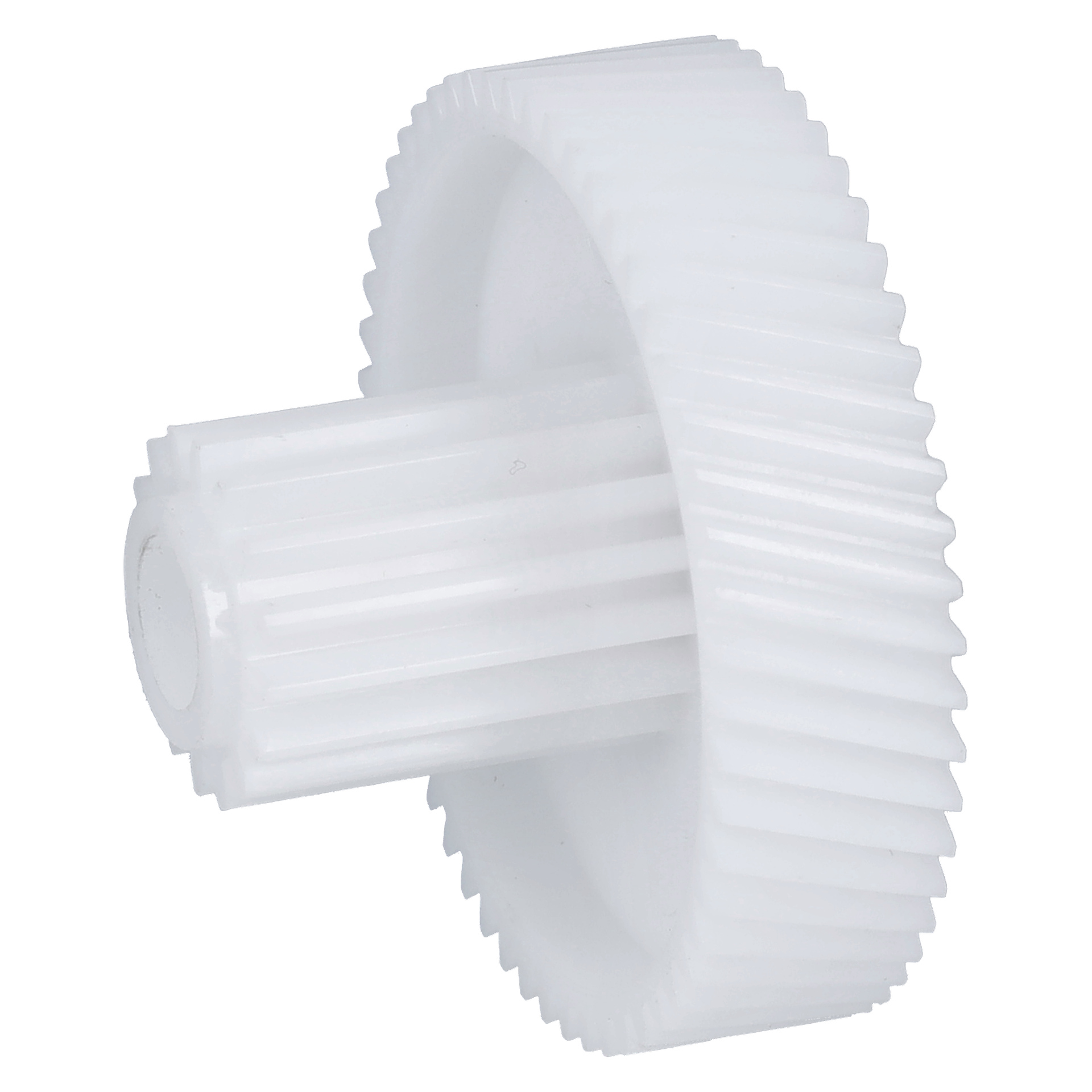 Plastic Gear Meat Grinder har ett vitt kugghjul med raka tänder och en central cylindrisk axel.
