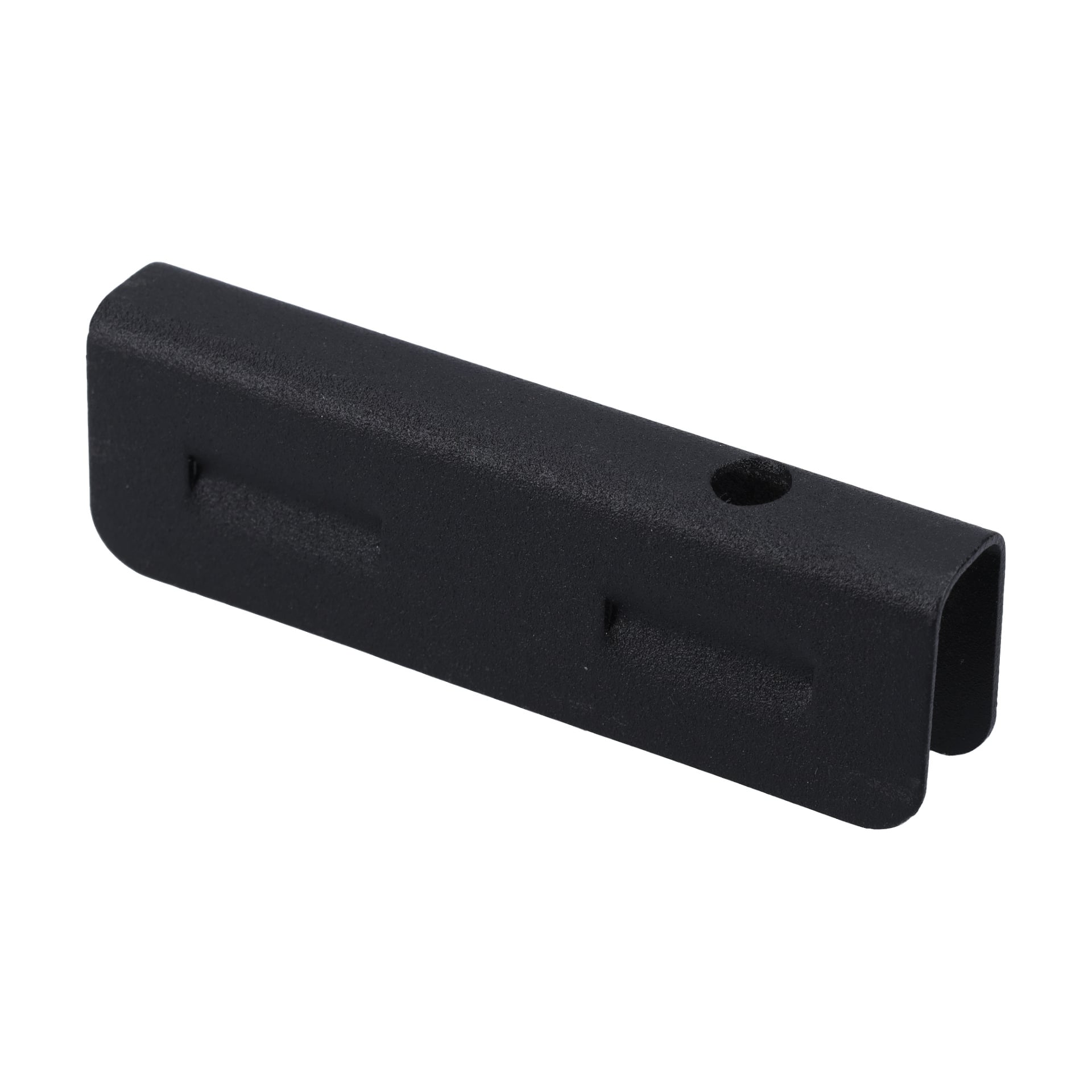 Svart, rektangulär metall Post Clamp Workbench 65 mm med en U-formad öppning i ena änden och ett hål på toppen.