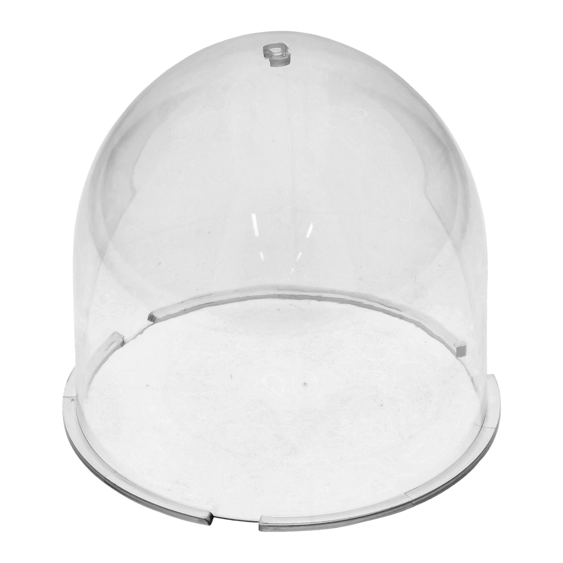En transparent, kupolformad plastmugg med öppen botten och en liten knopp på toppen.