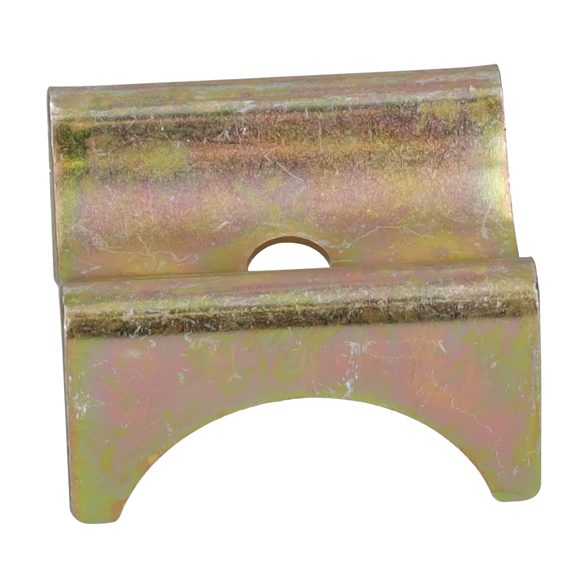 En metall Garage Tent Clutch med en böjd nedre utskärning, liten halvcirkelformad urtagning på toppen och en gulaktig iriserande glans.
