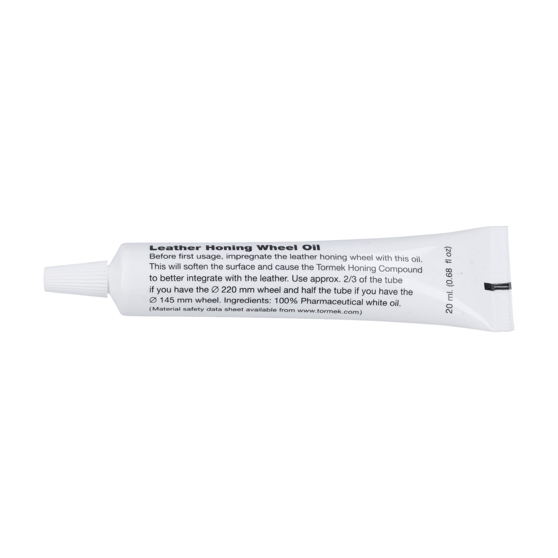 Ett slutet vitt 20 ml-rör märkt "Leather Brow Disc", med användningsanvisningar och ingredienser tryckta i svart text.