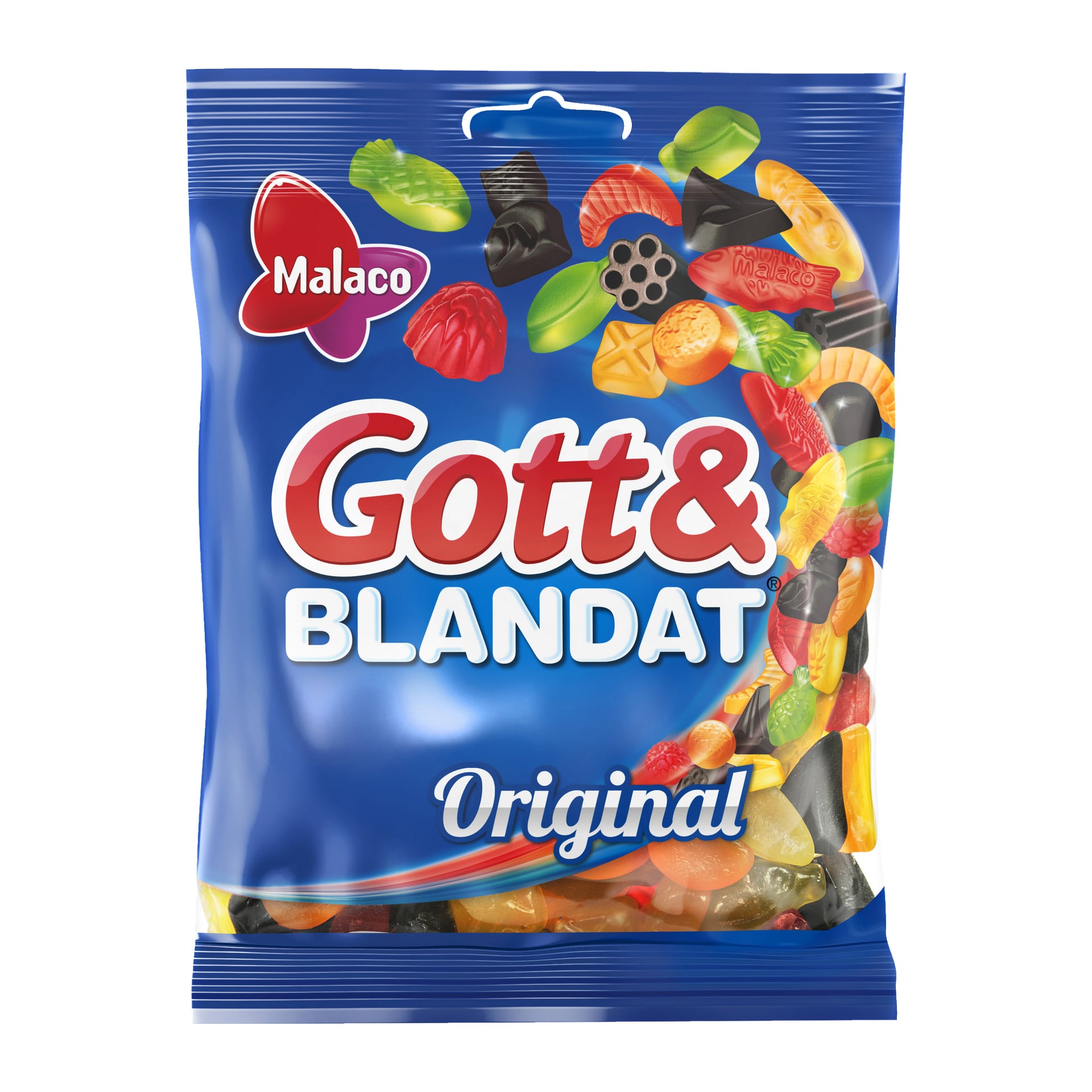 En blå Malaco Gott & Blandat Original-pose viser livlige illustrasjoner av gummi- og lakrisgodteri på emballasjen.