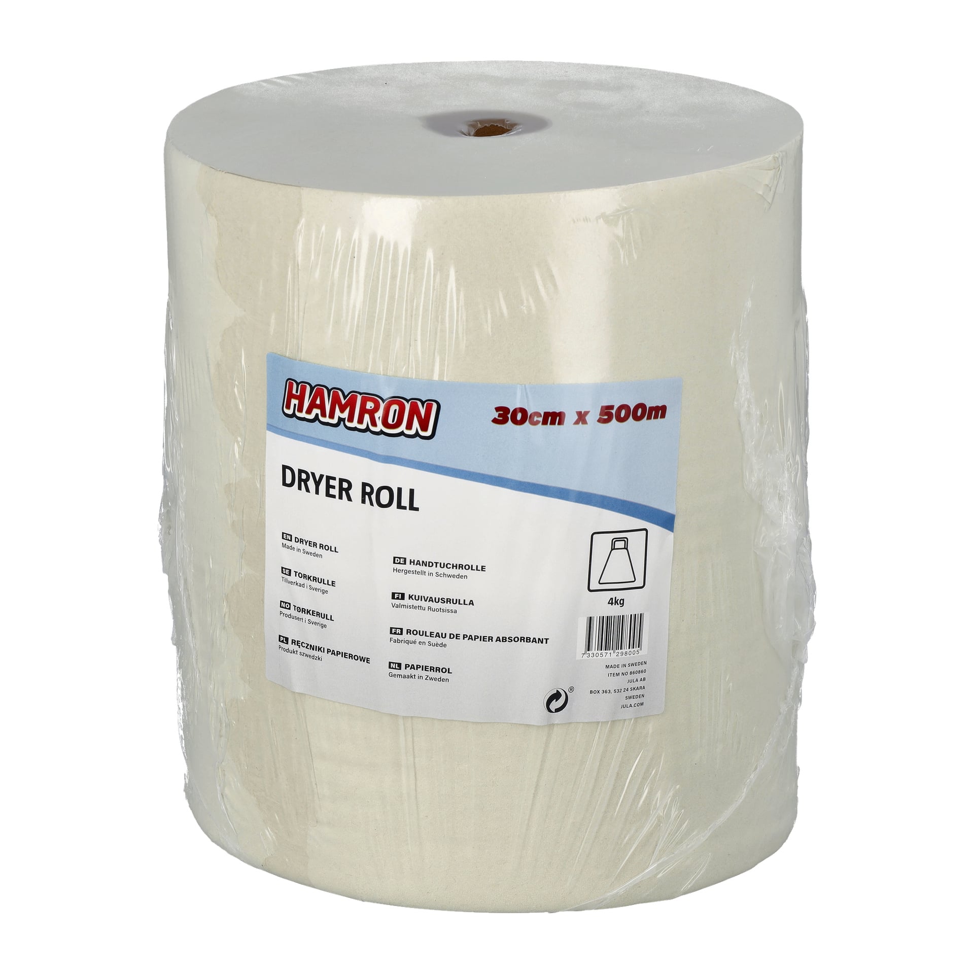 En stor hvit rull av Hamron-merket papirhåndkle, 30 cm lang og 500 m, pakket inn i plastemballasje med en trykt etikett som viste produktdetaljer.