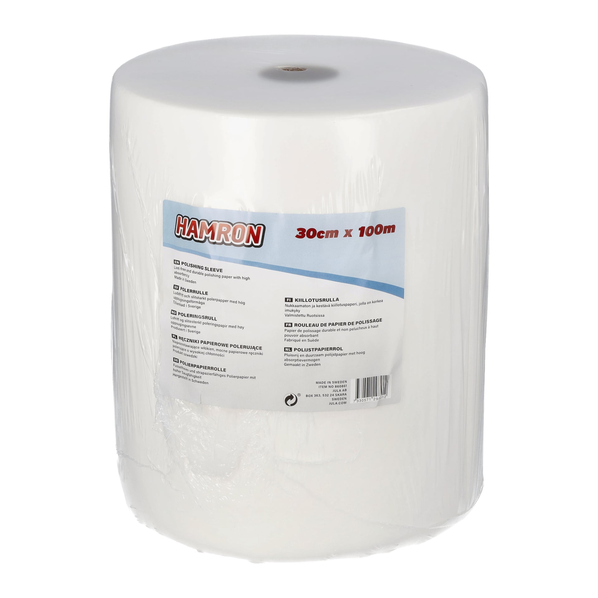 En rejäl rulle Hamron Polishing Sleeve, vit till färgen och i storleken 30 cm x 100 meter, är inlindad i transparent plast med en blå och vit etikett som visar produktdetaljer.