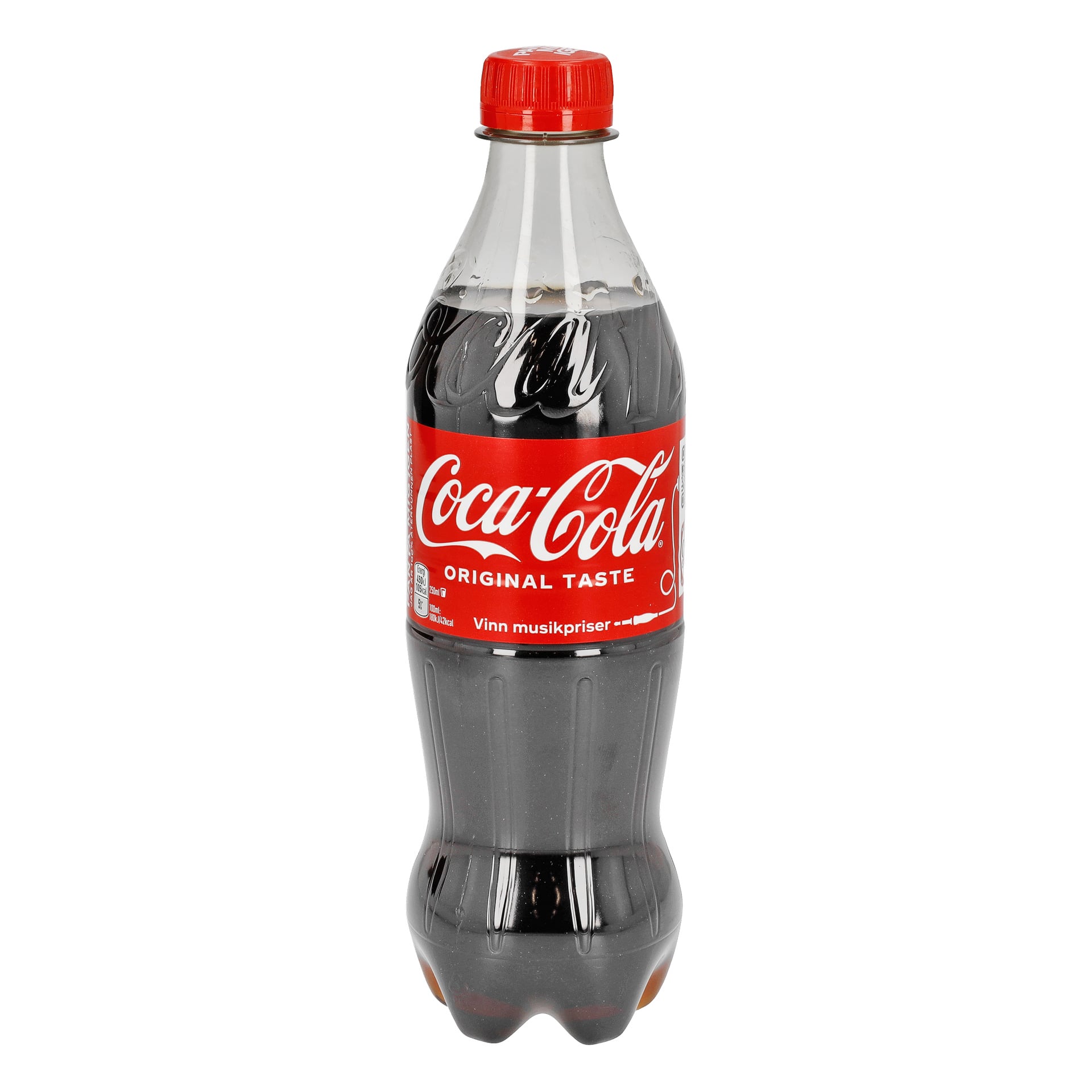 En plastflaska av Coca-Cola med röd kork och en etikett där det står "Coca-Cola Original Taste" och "Vinn musikkpriser.".