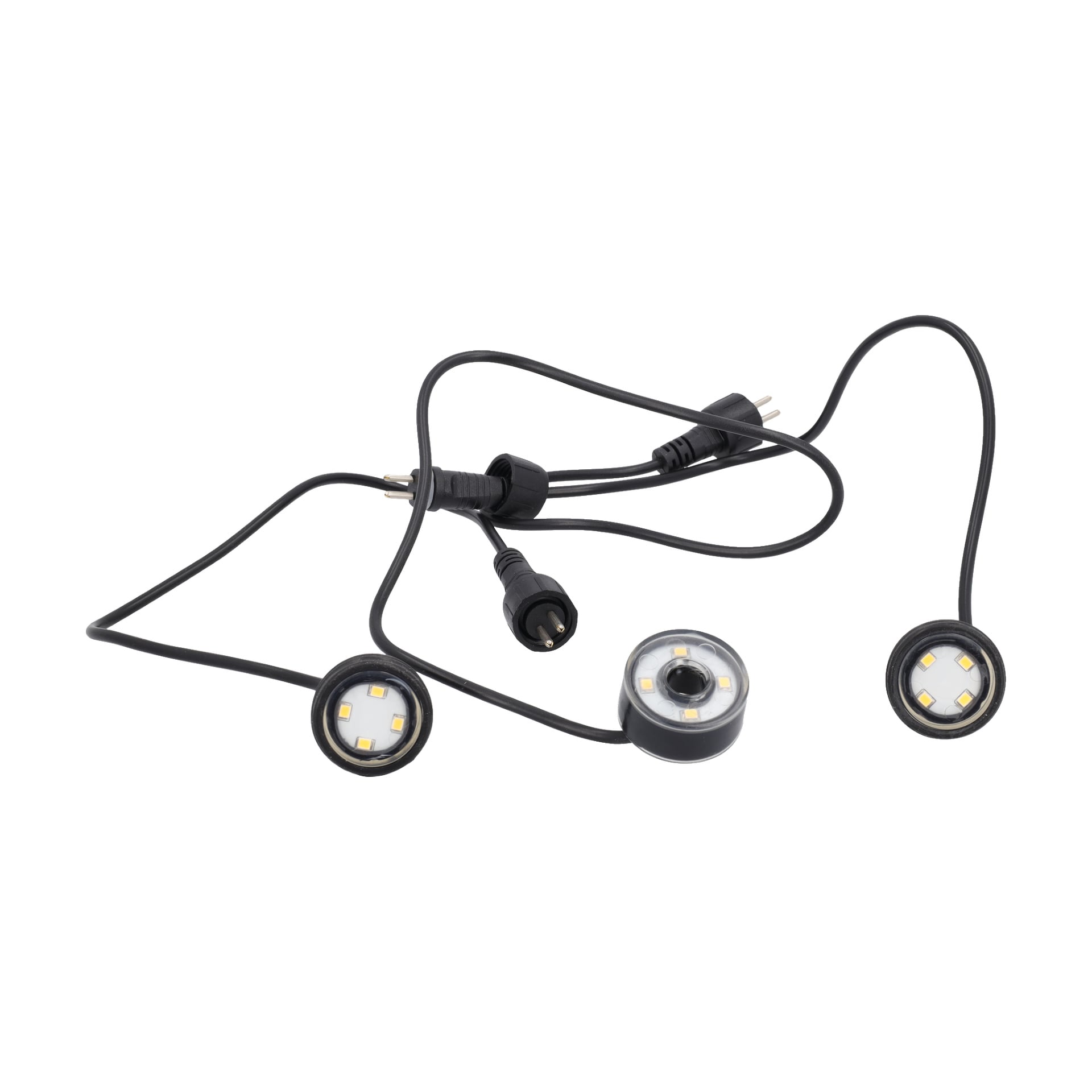 LED-lampfontänen inkluderar tre cirkulära LED-ljusmoduler, en svart sladd och två eluttag.