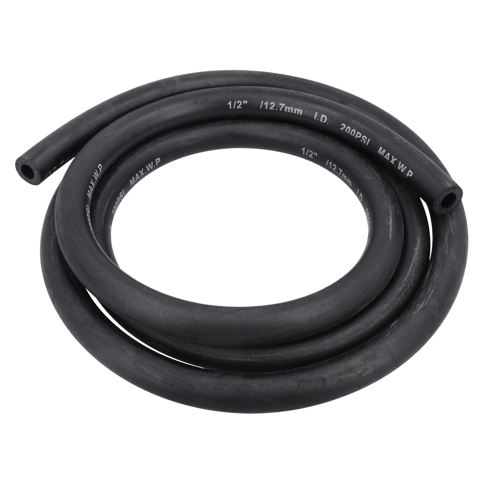 Slangblästanken är utrustad med svart spiralad slang, vita markeringar som anger 1/2" (12,7 mm) innerdiameter, max tryck på 200 PSI.