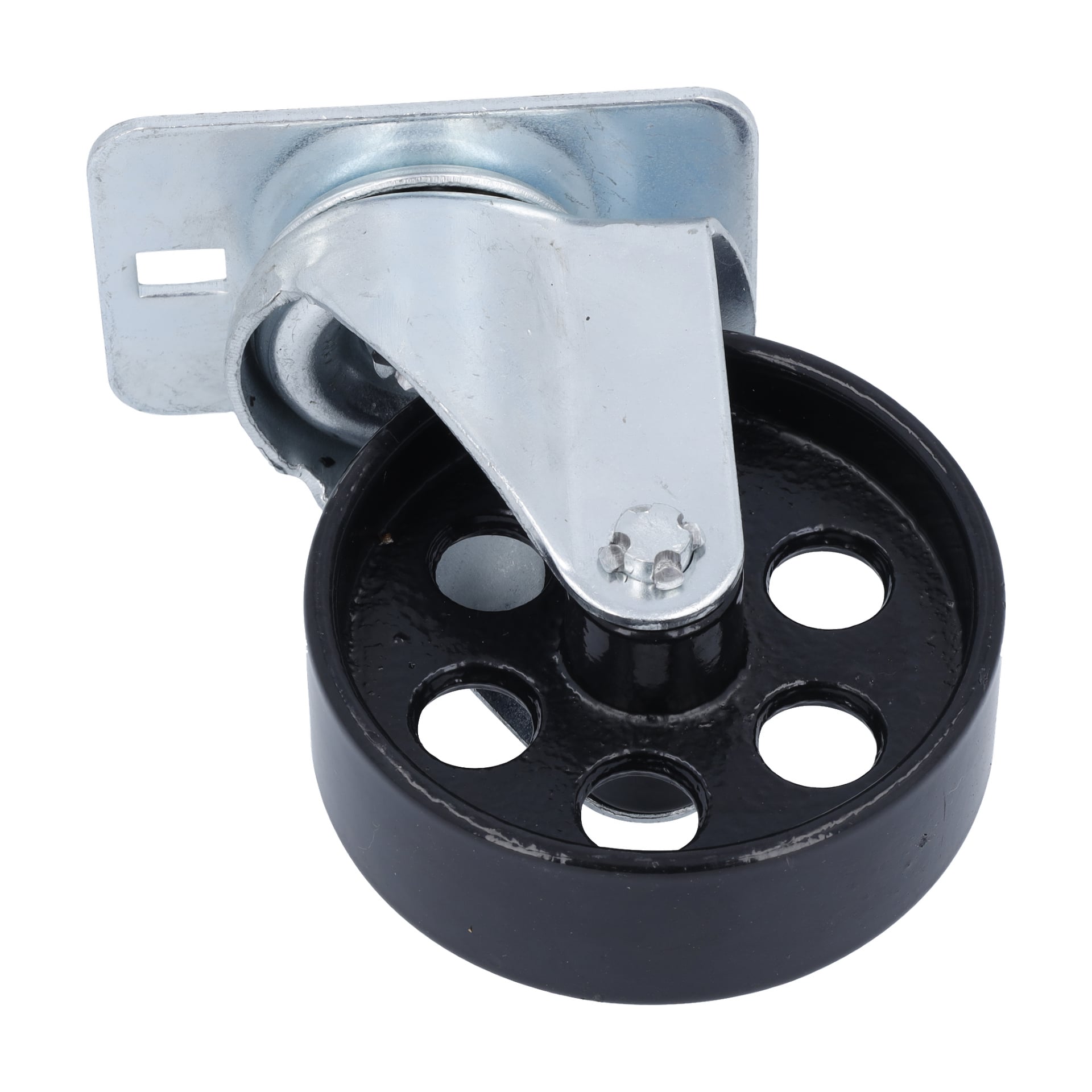 wózek z kołem caster wheel z pięcioma okrągłymi otworami i srebrnym metalowym uchwytem zapewniającym bezpieczną rotację i łatwe mocowanie.