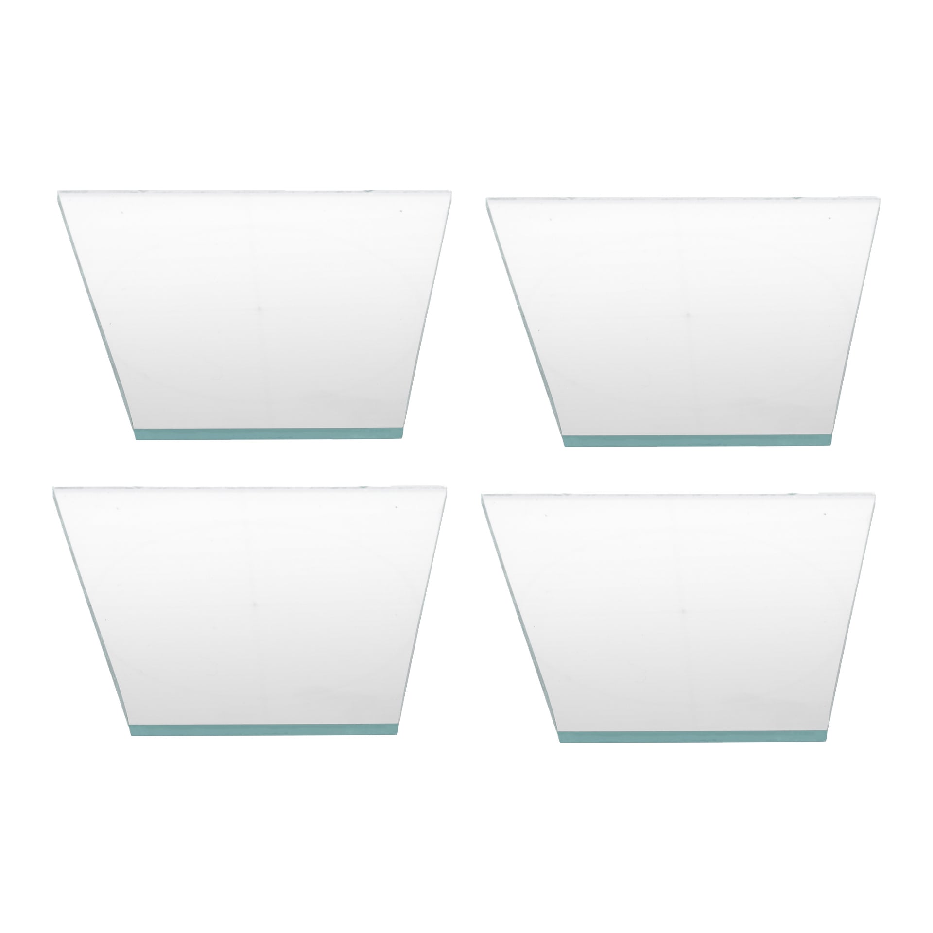 Fyra klara, trapetsformade glasstolpsocklar är placerade i ett två-gånger två-rutnät. Varje bas smalnar av till en platt, teal-tonad bas.