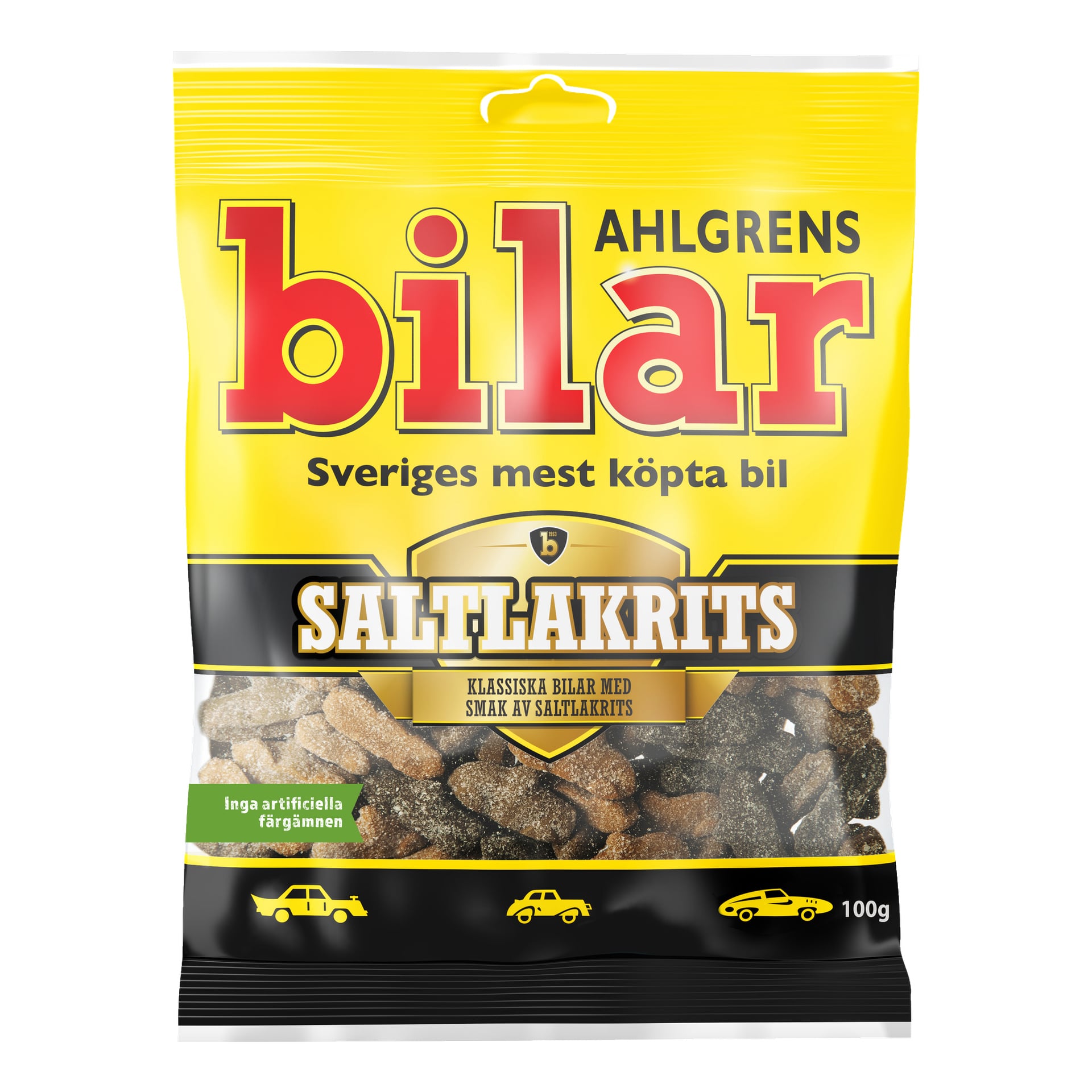 En 100 g gul och svart Cloetta Ahlgrens Bilar saltlakritspåse visar bilformade lakritsbitar. Förpackningen framhäver att det är den mest köpta bilen i Sverige och anger att det inte finns några konstgjorda färger.