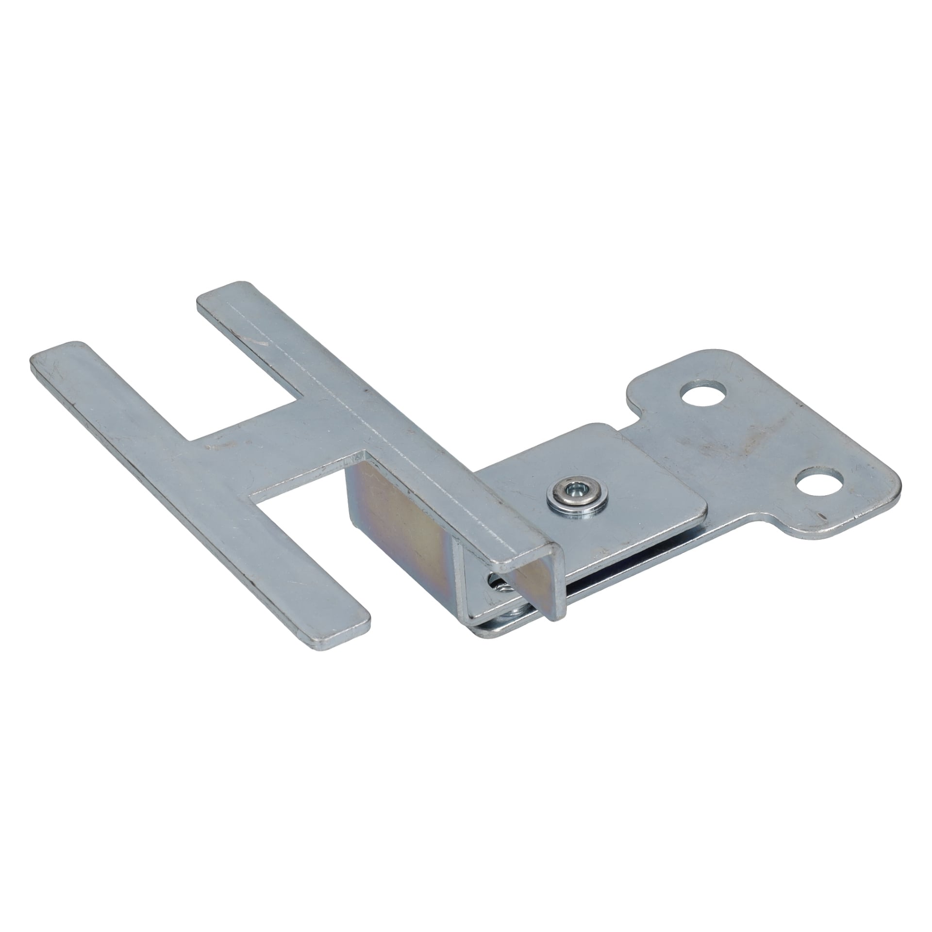 Fäste för hjul F. 340170 är ett metallfäste med en platt, H-formad arm och två monteringshål på ena sidan.