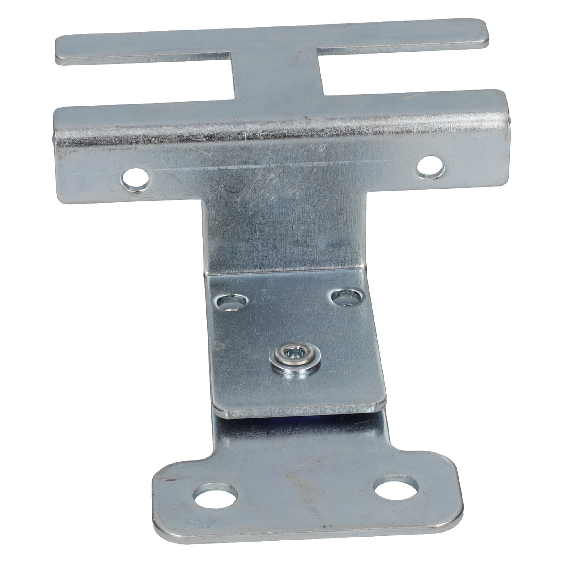 Metallfäste för hjul F. 340170 med platt topp, två långa monteringsspår, flera runda hål under och metallisk finish.