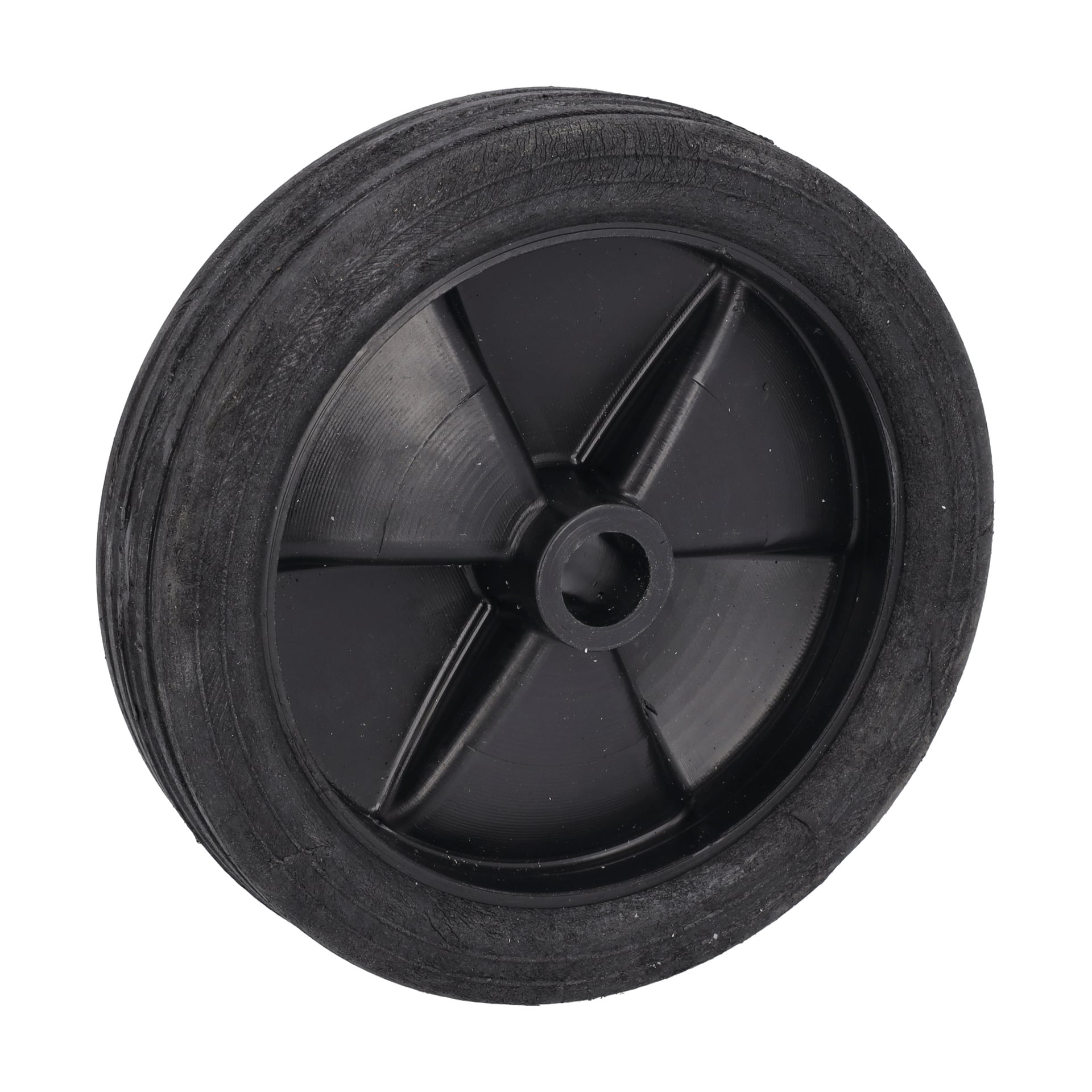 Rubber Wheels Multi Construction Rack har ett svart plasthjul med solid gummiyta, fem ekrar och ett mitthål.