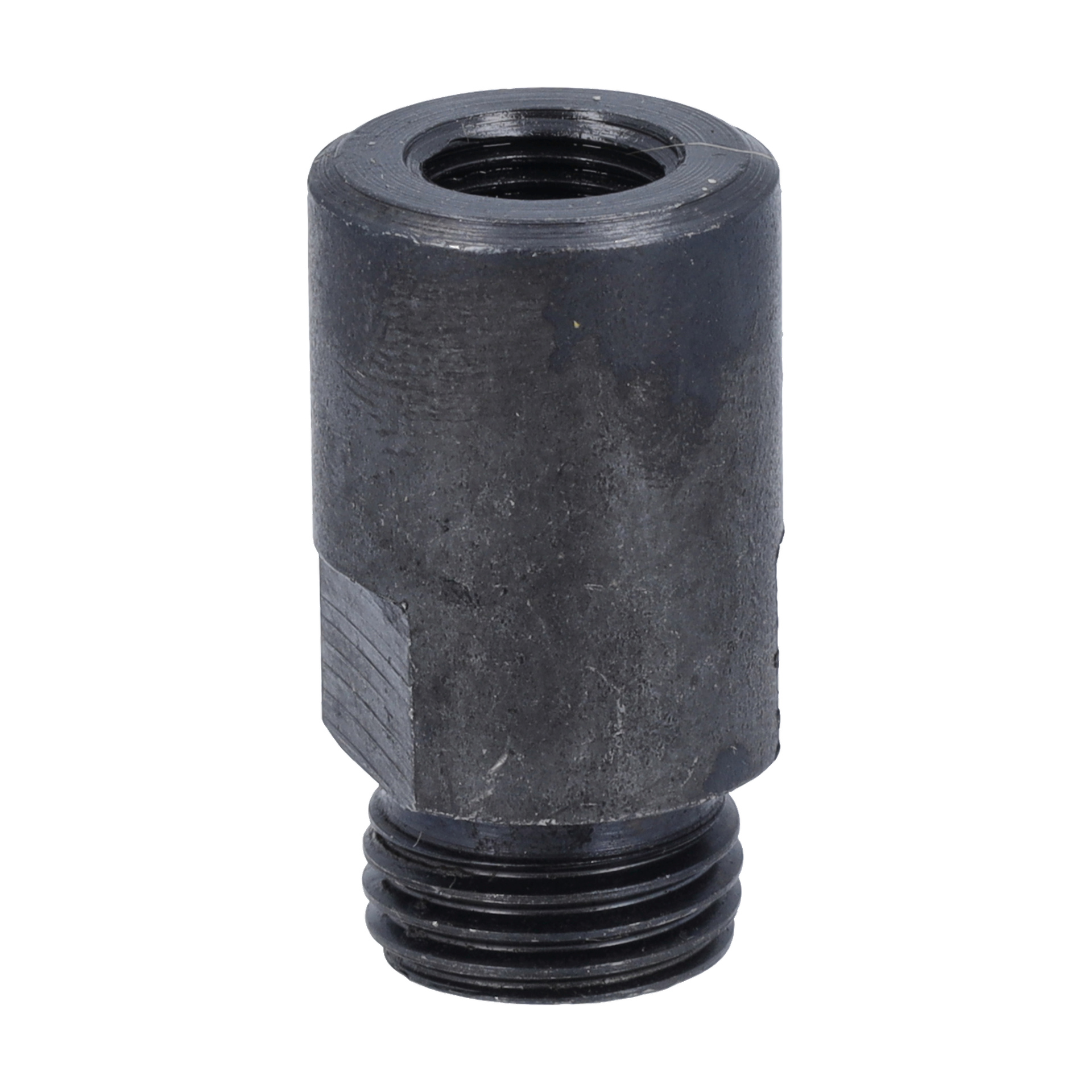 Cylindryczny adapter do nitownicy z sześciokątnym środkiem, z wewnętrznym gwintem na górze i zewnętrznym gwintem poniżej.