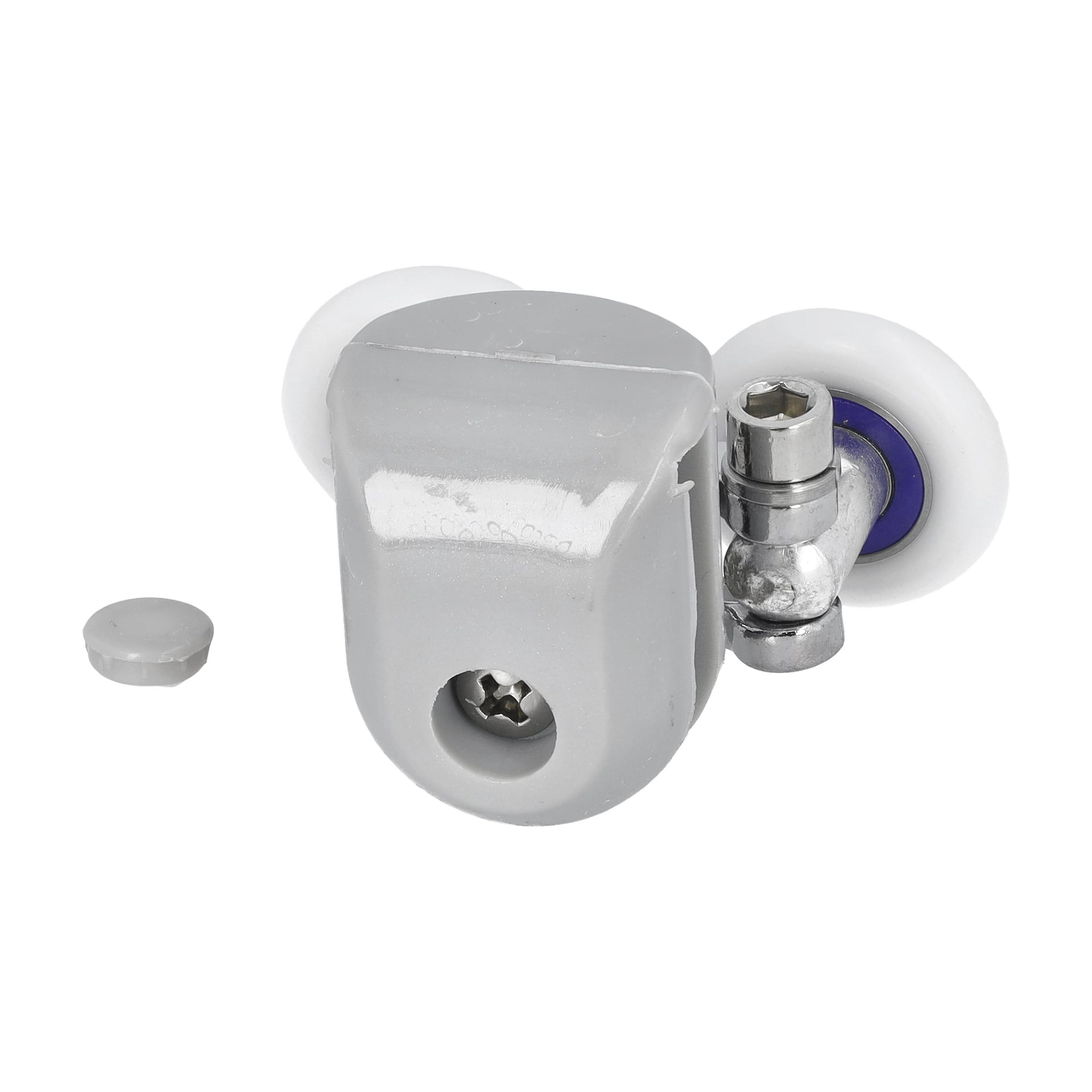 Närbild av Double Wheel Shower Cabins grå plast- och metallrullmontering med två vita hjul och en liten rund grå lock.