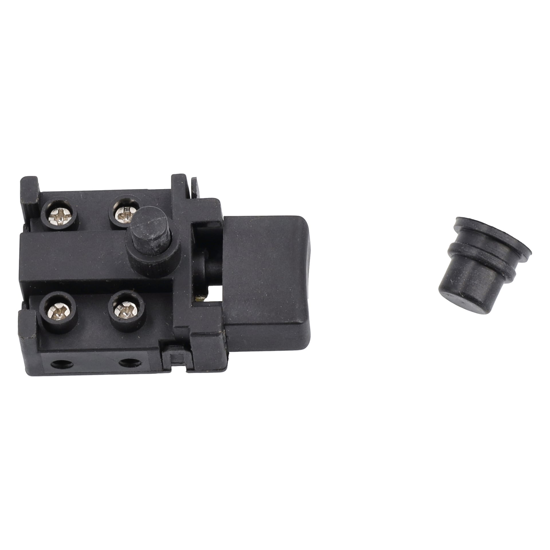 Zbliżenie czarnego mechanizmu zatrzasku wibratora betonowego Switch z czterema śrubami, obok osobnego, okrągłego czarnego elementu.