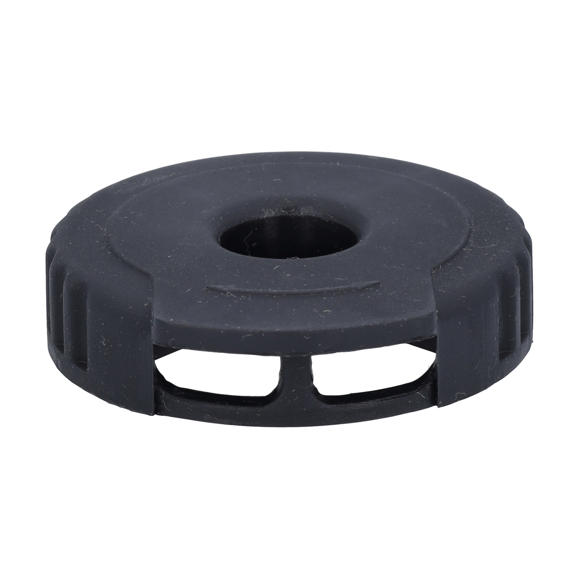 En rund, svart plastcylinderlock med spikpistol med ett centralt hål och sidospår, uppställd i vinkel.