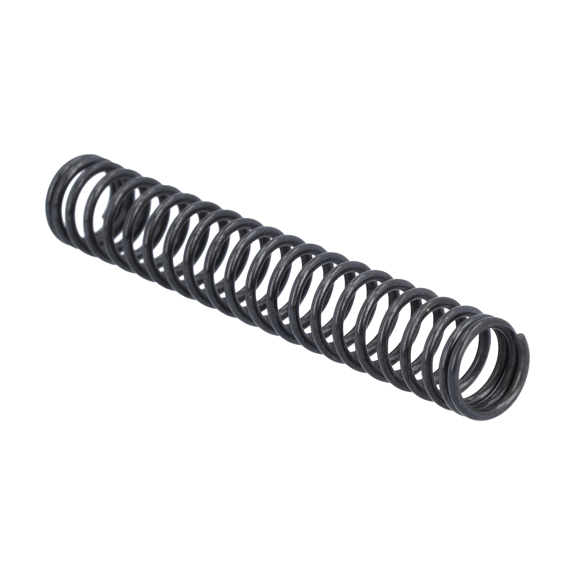 En tätt upprullad svart cylindrisk metallfjäder för säkerhetslås, synlig i en lätt vinkel.
