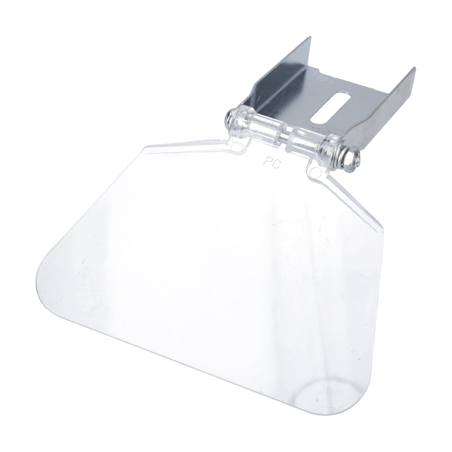 Rektangulär klar plastskärm med vinklade sidor, slitsad metallfäste och gångjärn för justerbar montering på olika ytor.