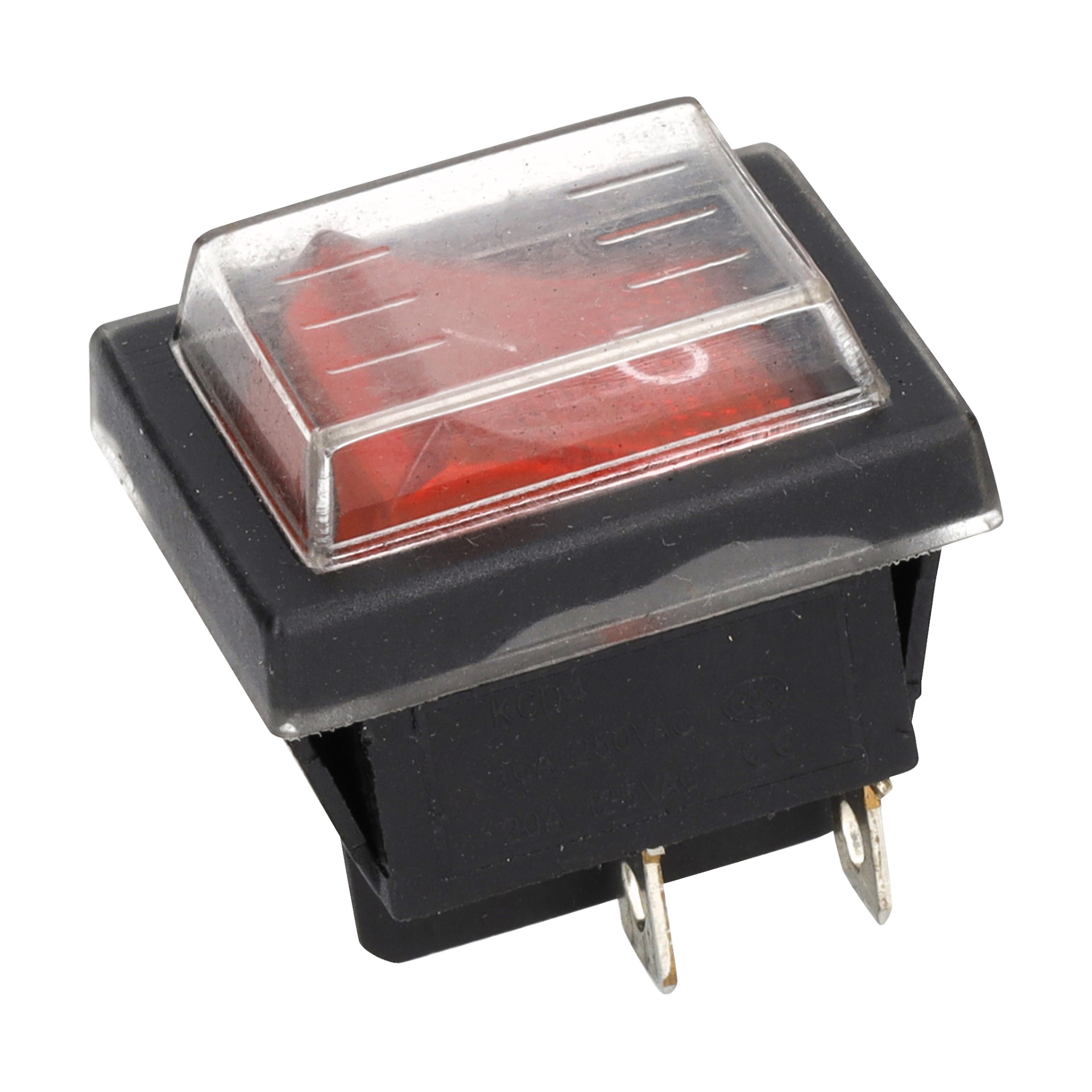 Närbild på en rektangulär röd vippknapp märkt "Switches", med ett genomskinligt lock, två metallstift och svart hölje.