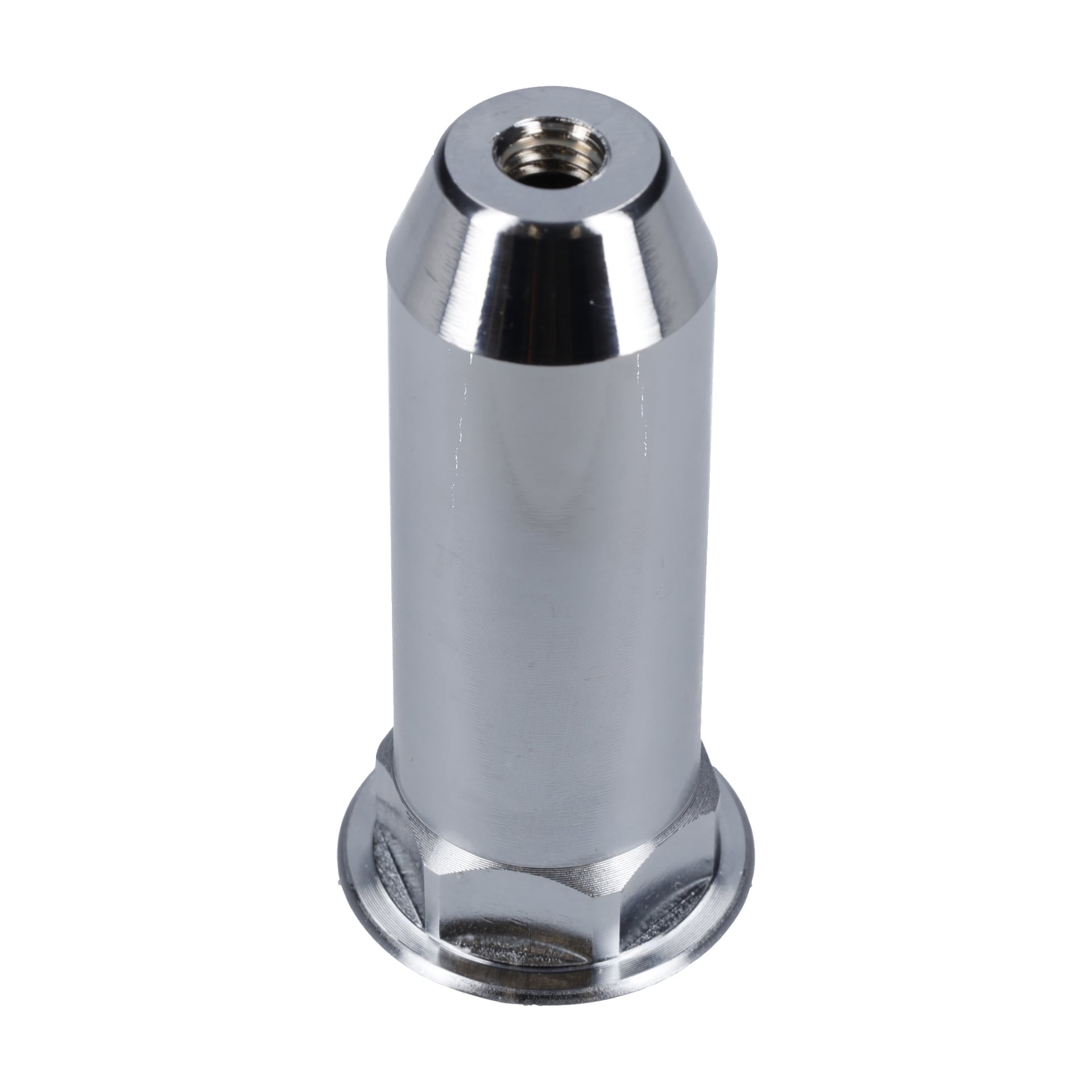 Zbliżenie na Front Head F. 072000, błyszczącą metalową część z sześciokątną podstawą i gwintowanym otworem na górze, stojącą pionowo.