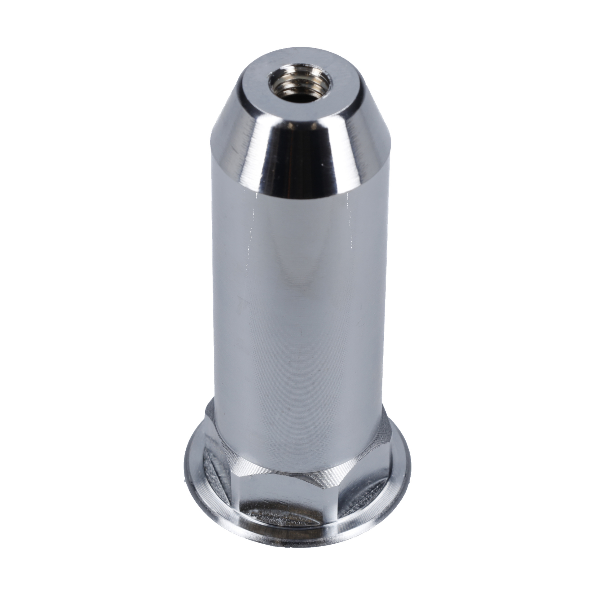 Zbliżenie na Front Head F. 072000, błyszczącą metalową część z sześciokątną podstawą i gwintowanym otworem na górze, stojącą pionowo.