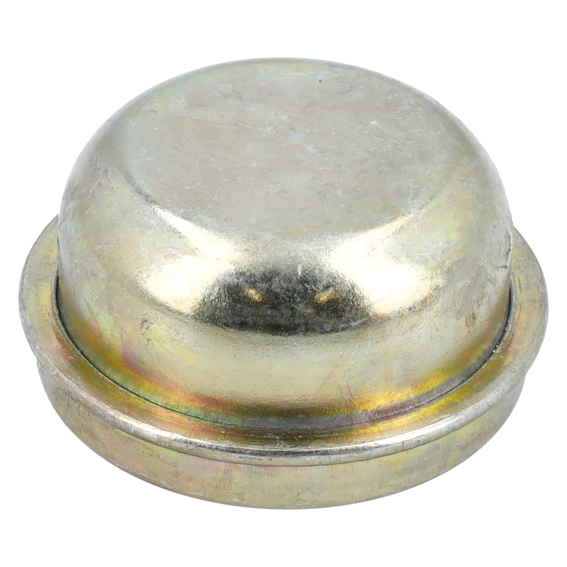 En cirkulär metallsmörjare för hjulnavet med kupolformat topp och platt bas, med en dämpad glans och viss mindre missfärgning.
