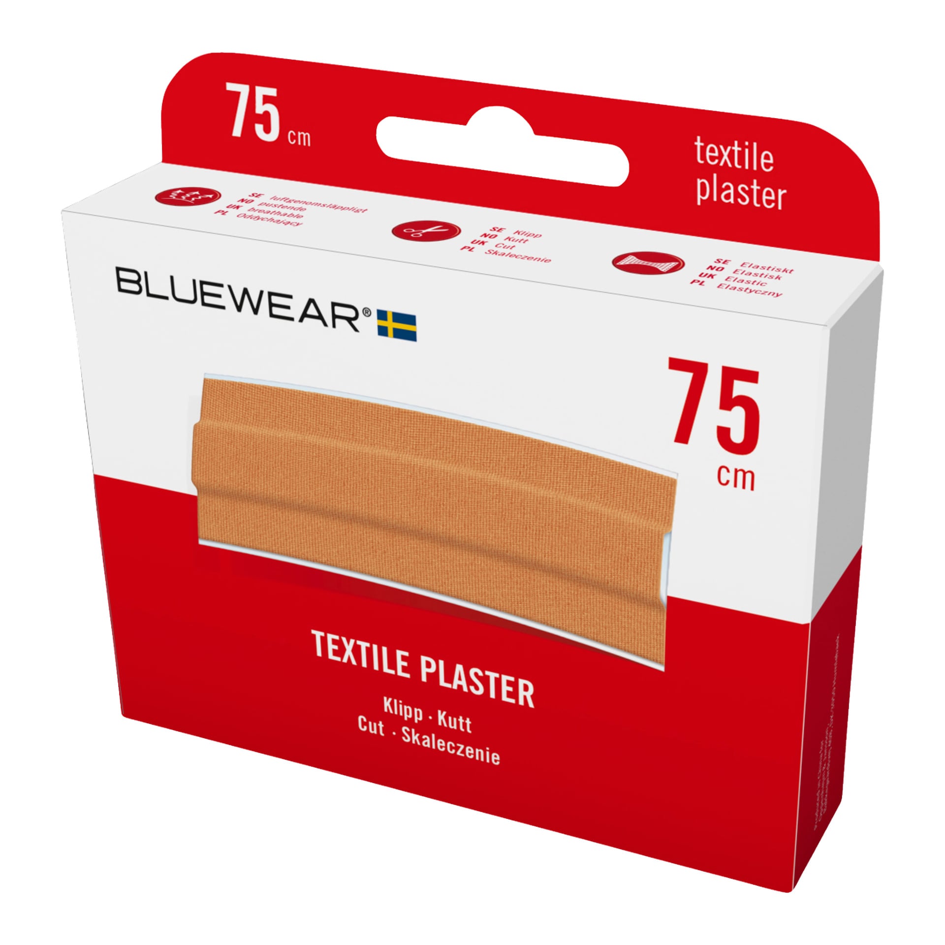 En rektangulär Bluewear Plister-låda med rödvit design, den svenska flaggan och etiketter med texterna "75 cm" och "Gips". Framsidan visar en bild av en gipsremsa.
