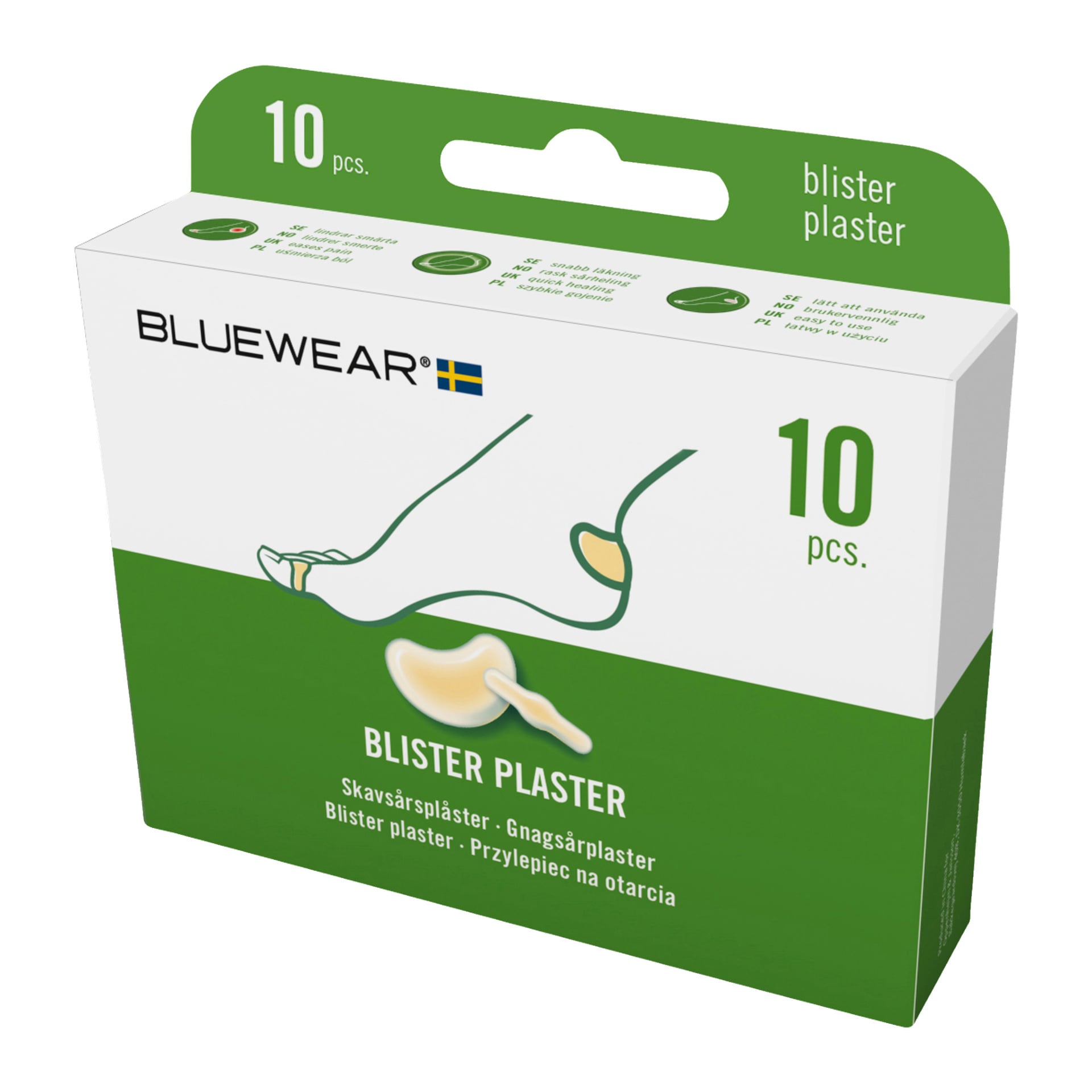 Pudełko plastrów Bluewear Chafe sore zawierające 10 części. Na opakowaniu widnieje stopa z plasterkiem na pięcie i zawiera szczegóły produktu.