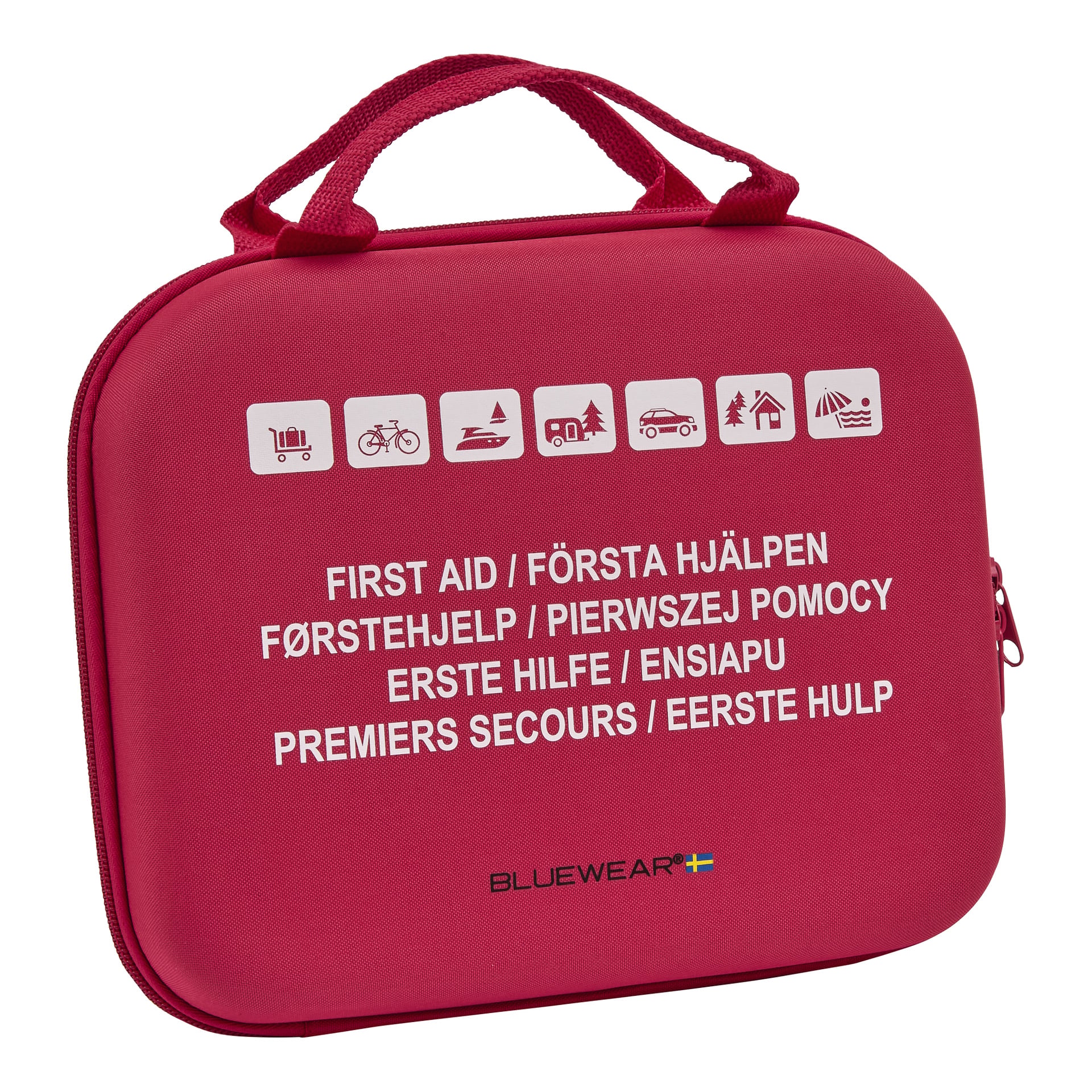 Czerwona apteczka z uchwytem i napisem First Aid w wielu językach oraz białymi ikonami wskazującymi różne zastosowania, takie jak kemping, żeglarstwo i podróże. Marka Bluewear pojawia się na dole.
