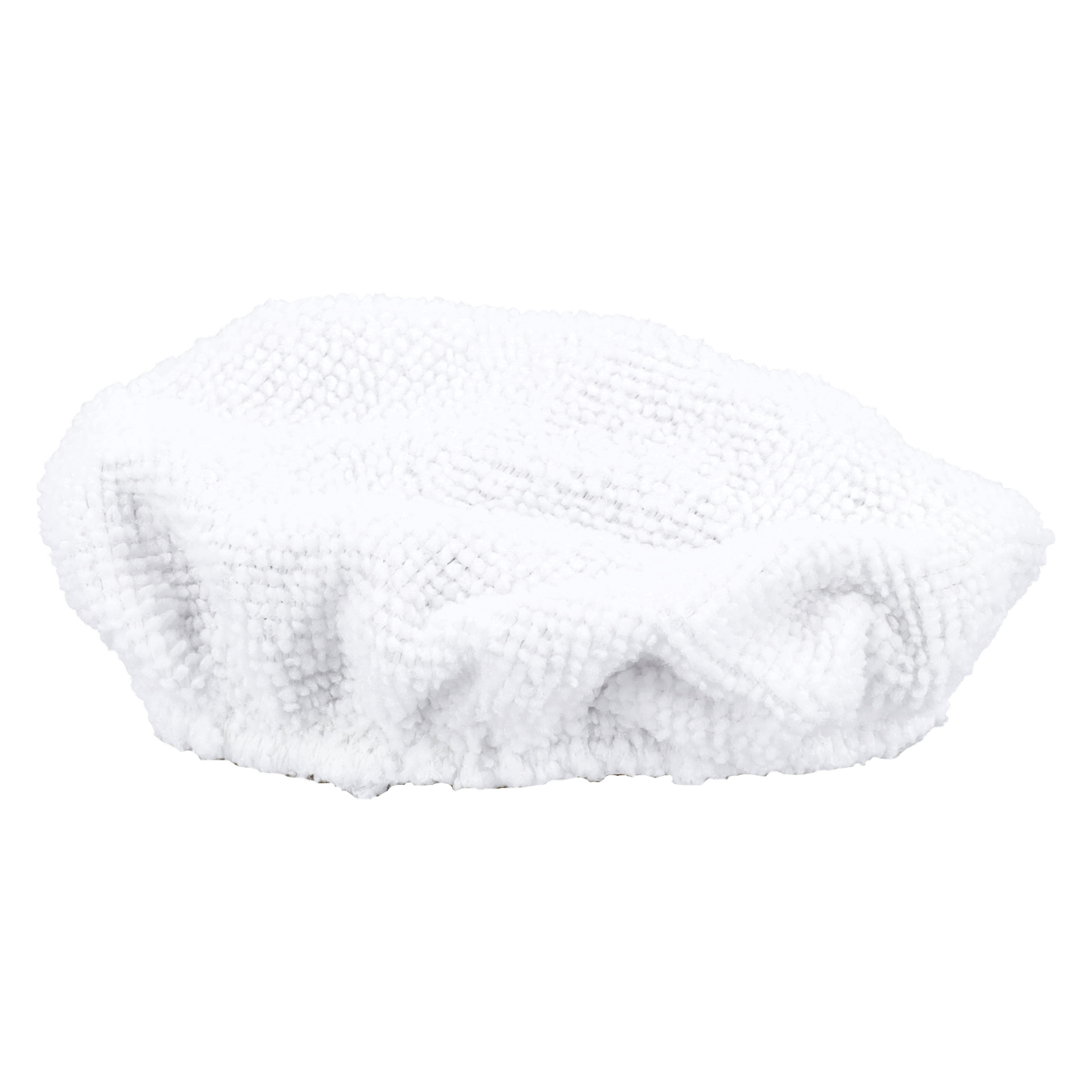 En vit, rund mikrofiber-ångrengörarhuva med elastisk kant, visade platt.