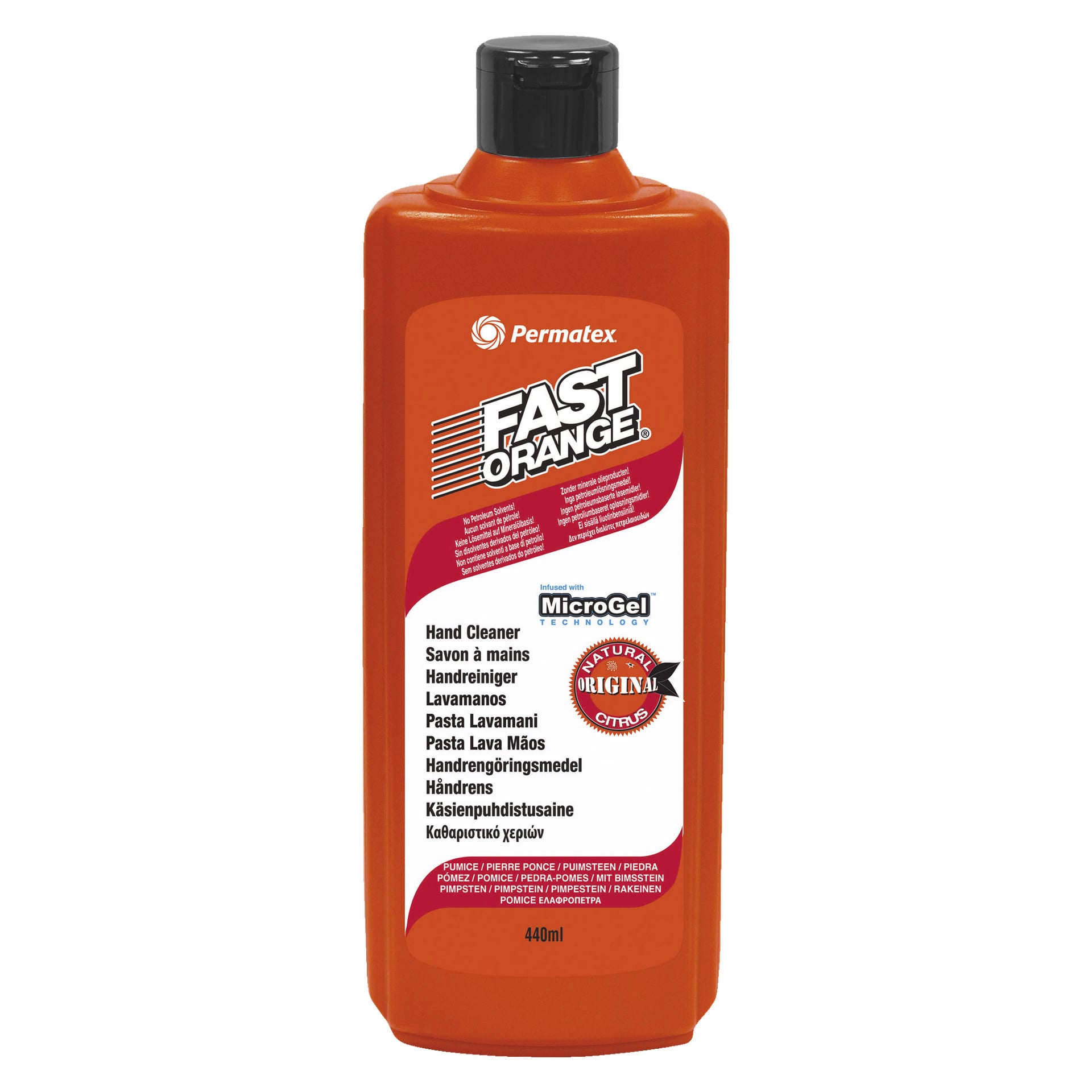 En 440 ml orange flaska Permatex Hand Cleaner Fast Orange med MicroGel, med svart lock och produktdetaljer på etiketten.