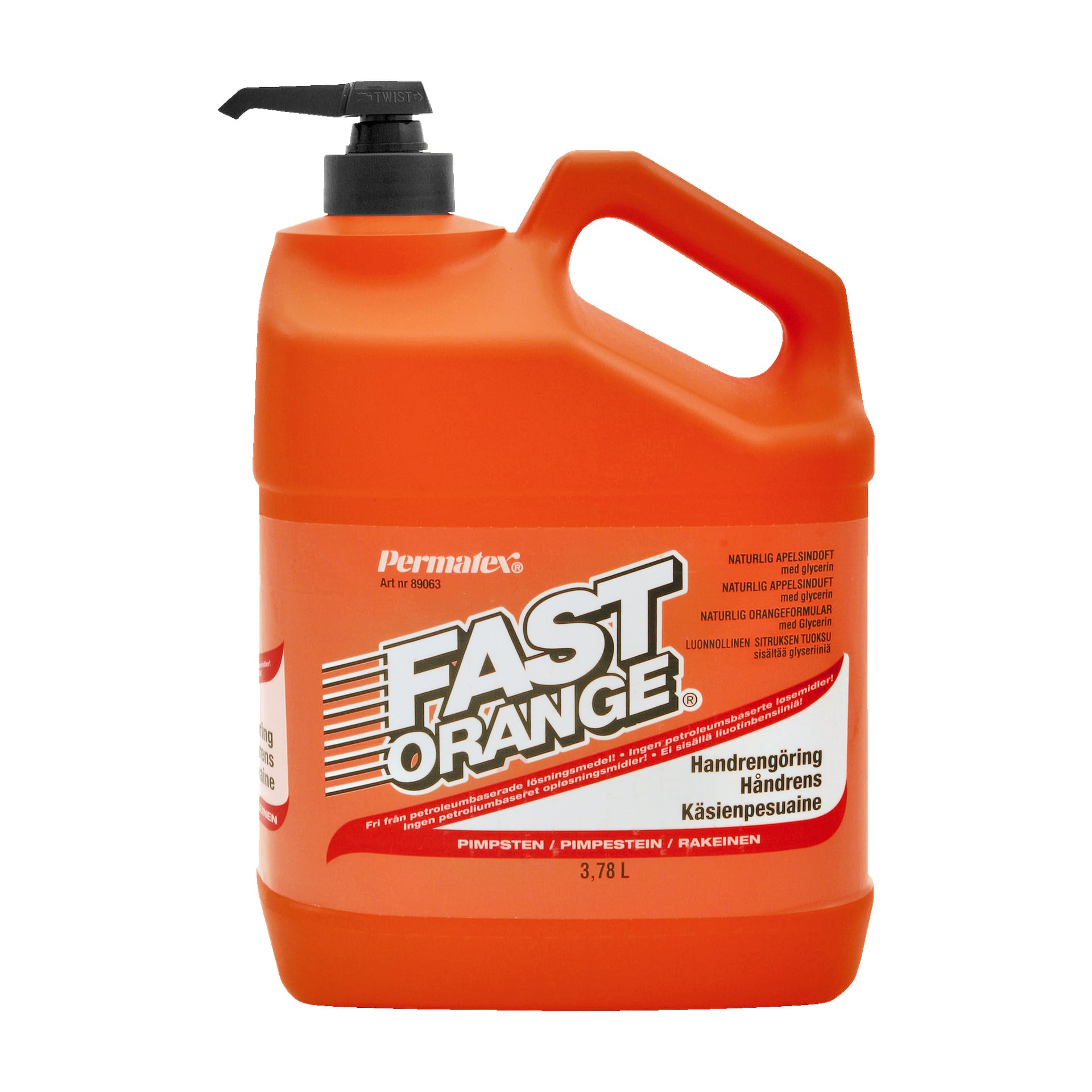 En 3,78-liters orange behållare med Permatex Fast Orange handrengöring med svart pump har en etikett som visar produktinformation på flera språk.