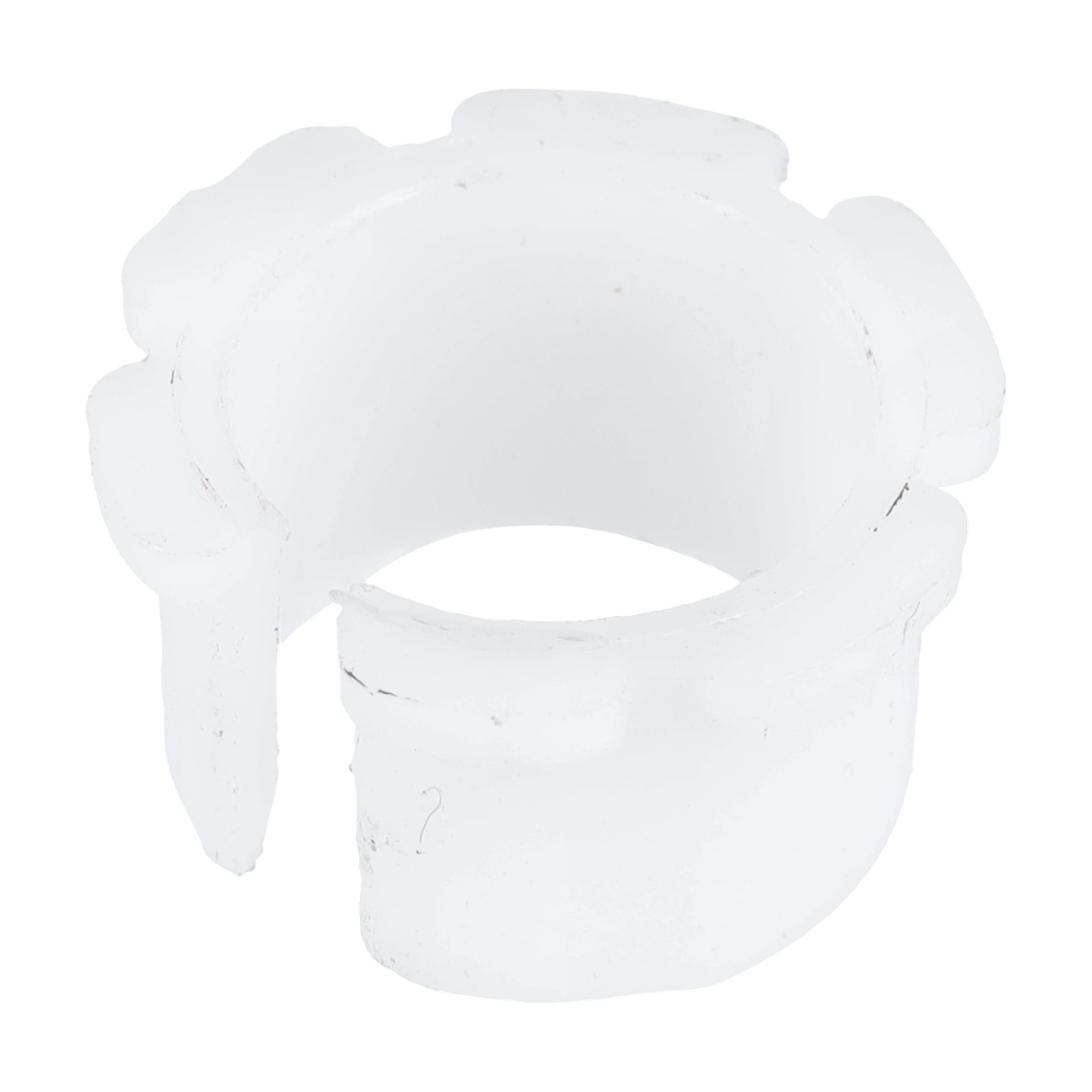 En hvit, sylindrisk Flens-bushing Plastic F.Auger med rillekanter og delvis åpning.