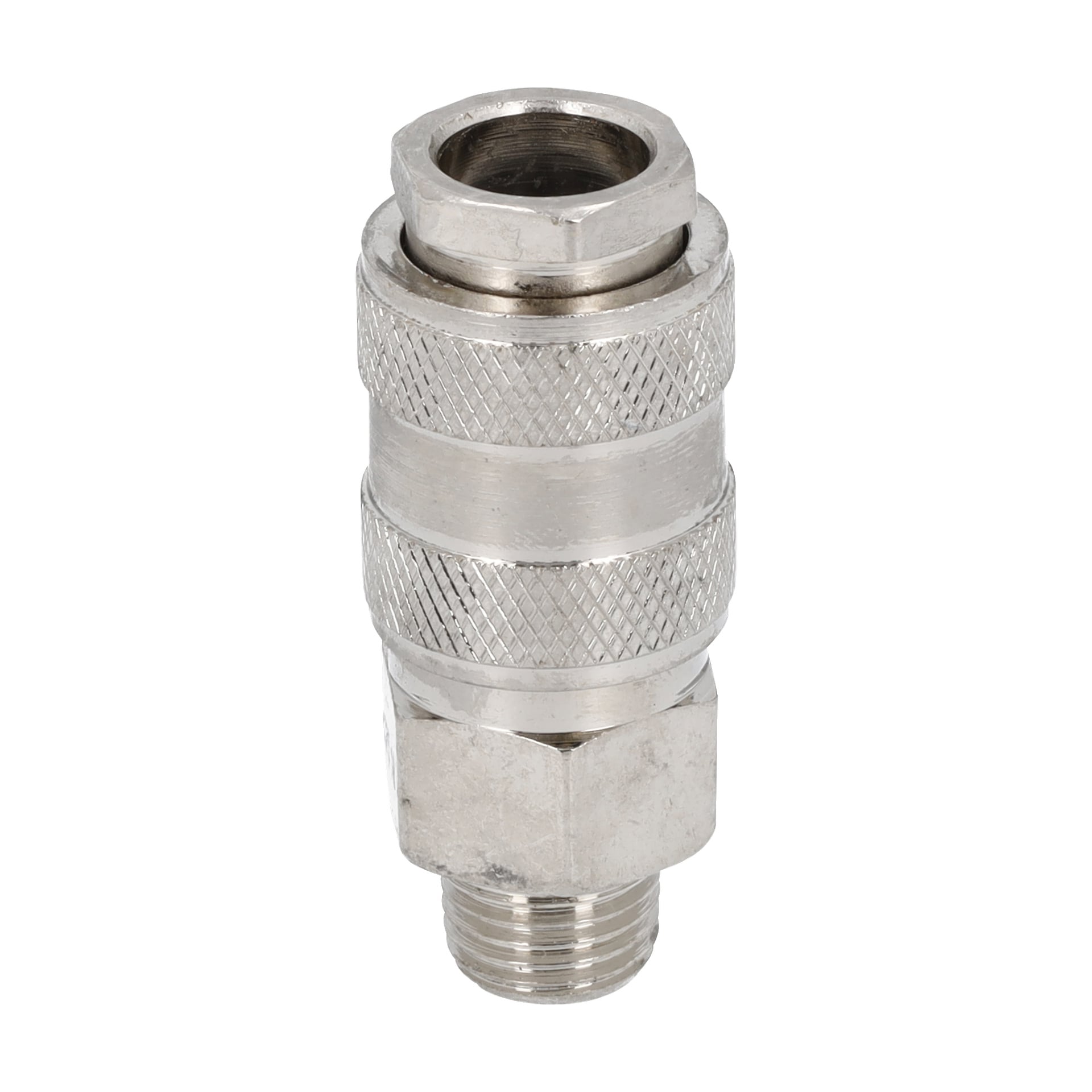 En närbild på Quick Release Compressor med metalliskt räfflat grepp och gängade ändar.