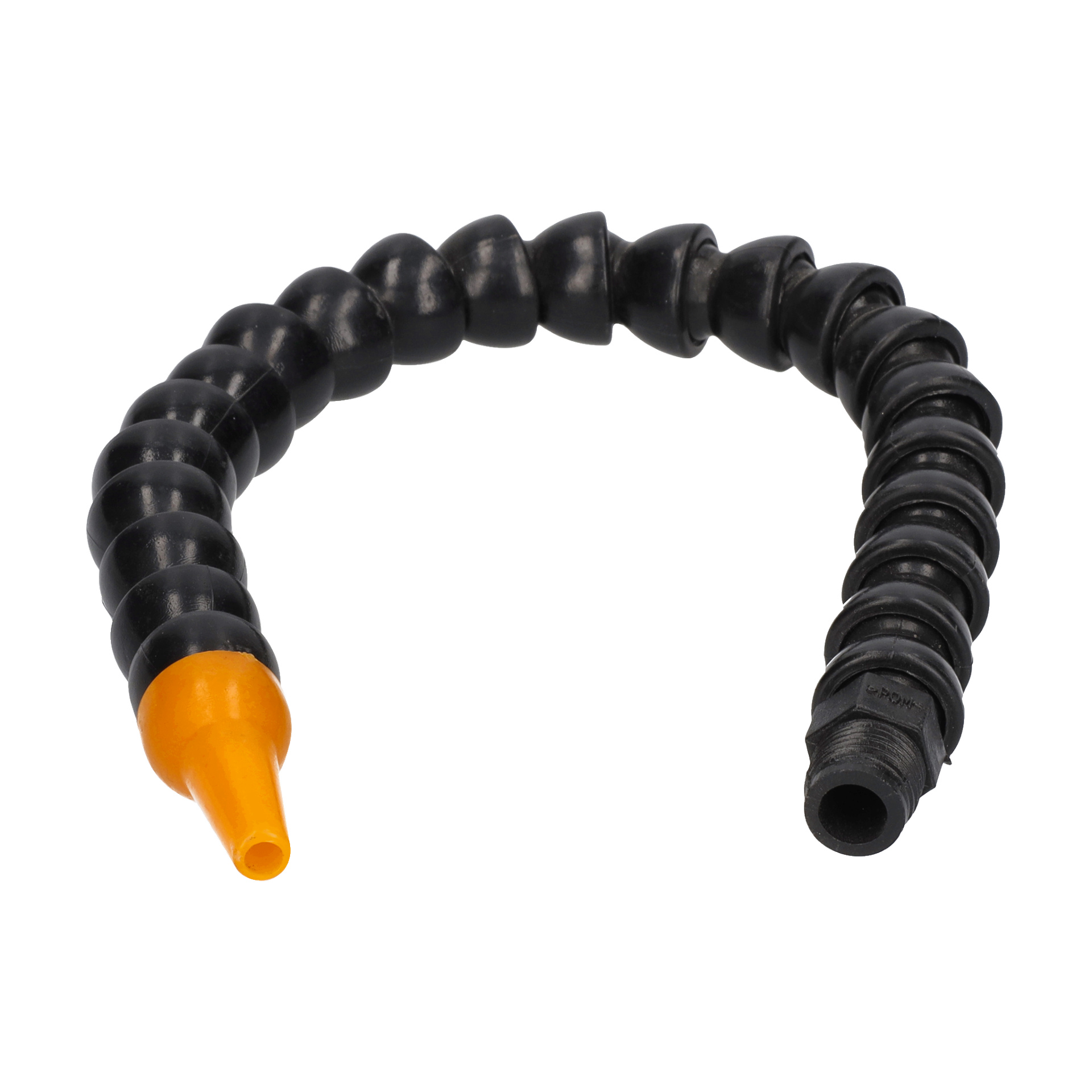 En svart flexibel gåshalsslang med ett orange munstycke i ena änden och en gängad koppling i den andra.