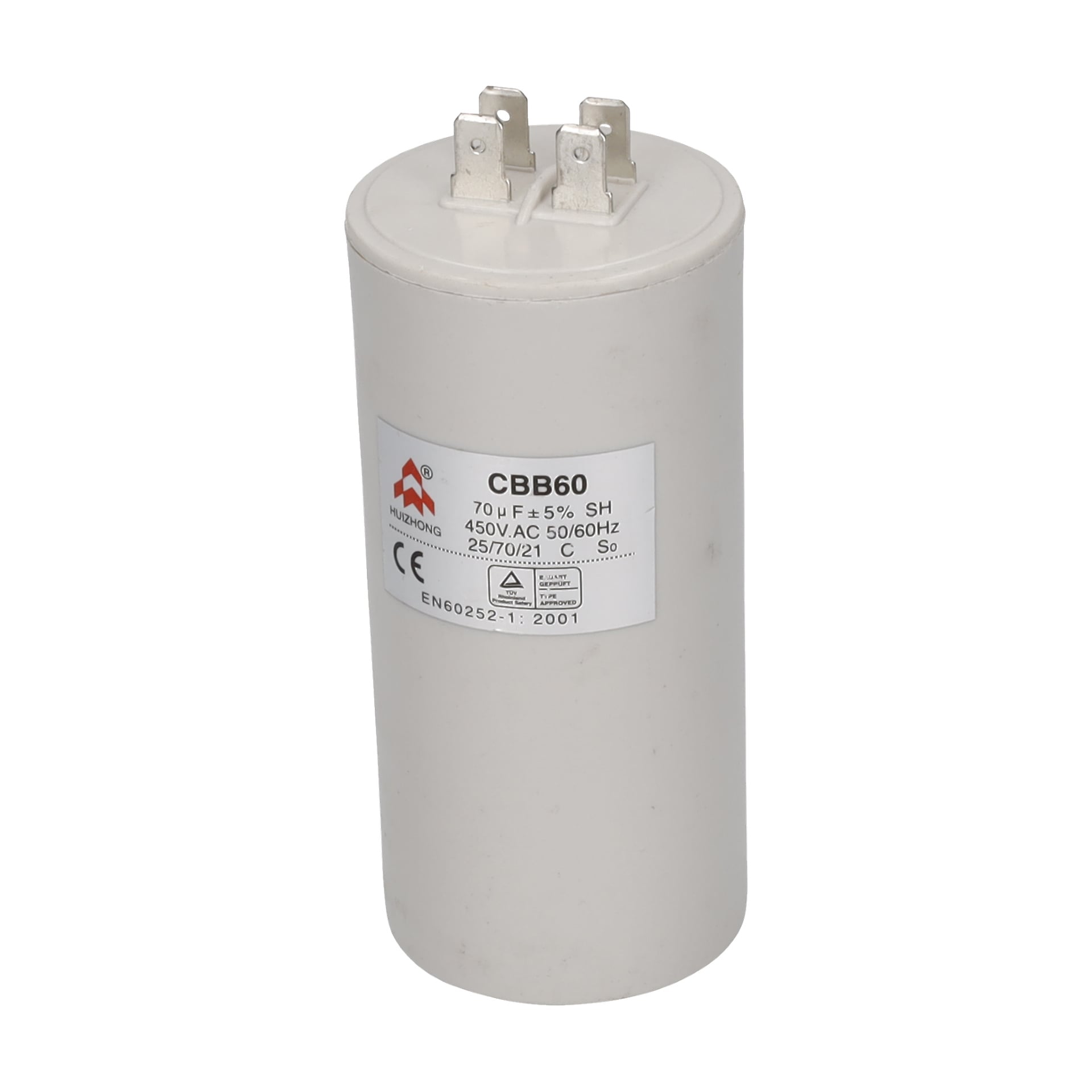 Vit cylindrisk kondensator med två metallterminaler ovanpå, märkt 70μF ±5%, 450V AC, 50/60Hz, modell CBB60.