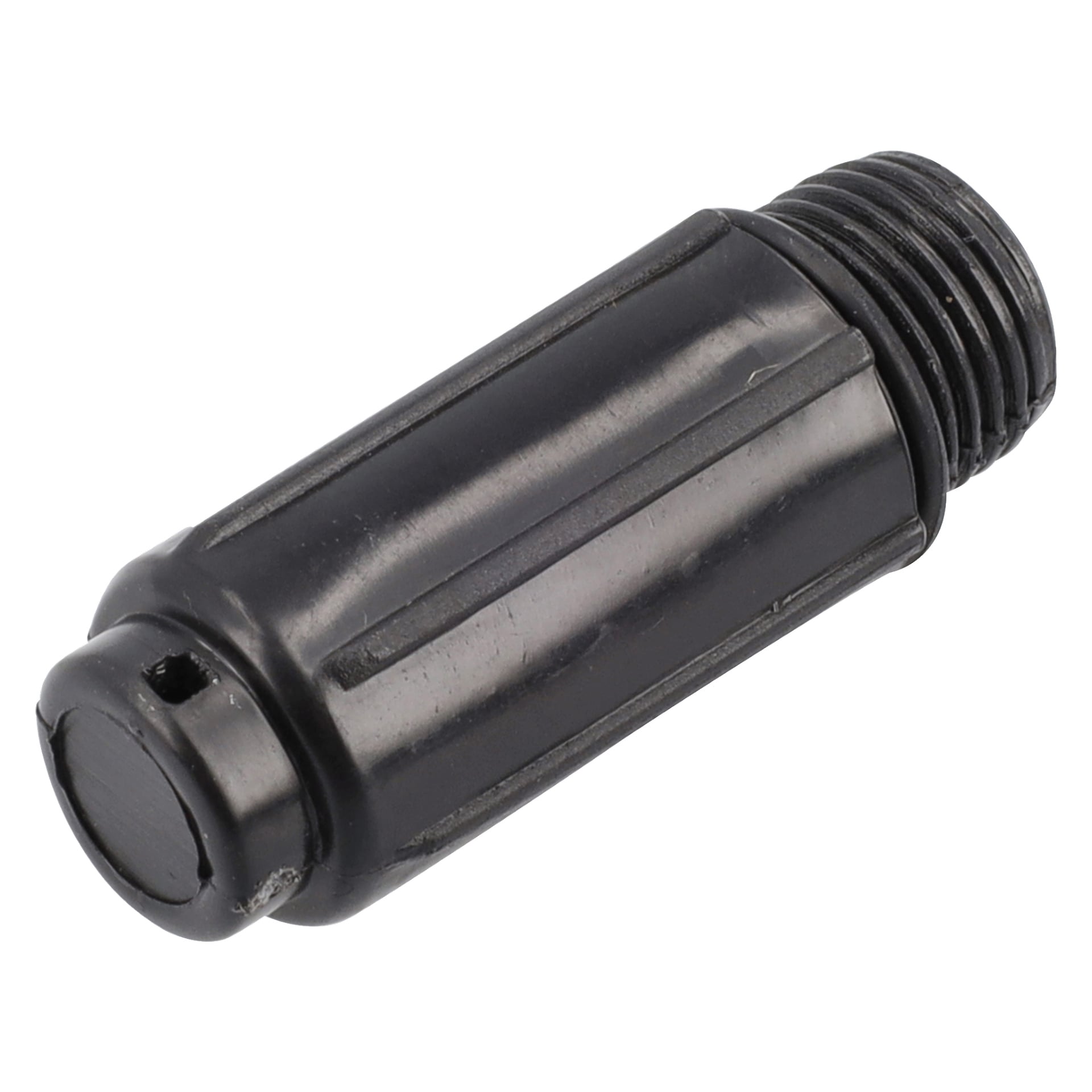 En svart plastkompressor med oljeplugg med gängad spets och en räfflad cylindrisk kropp.
